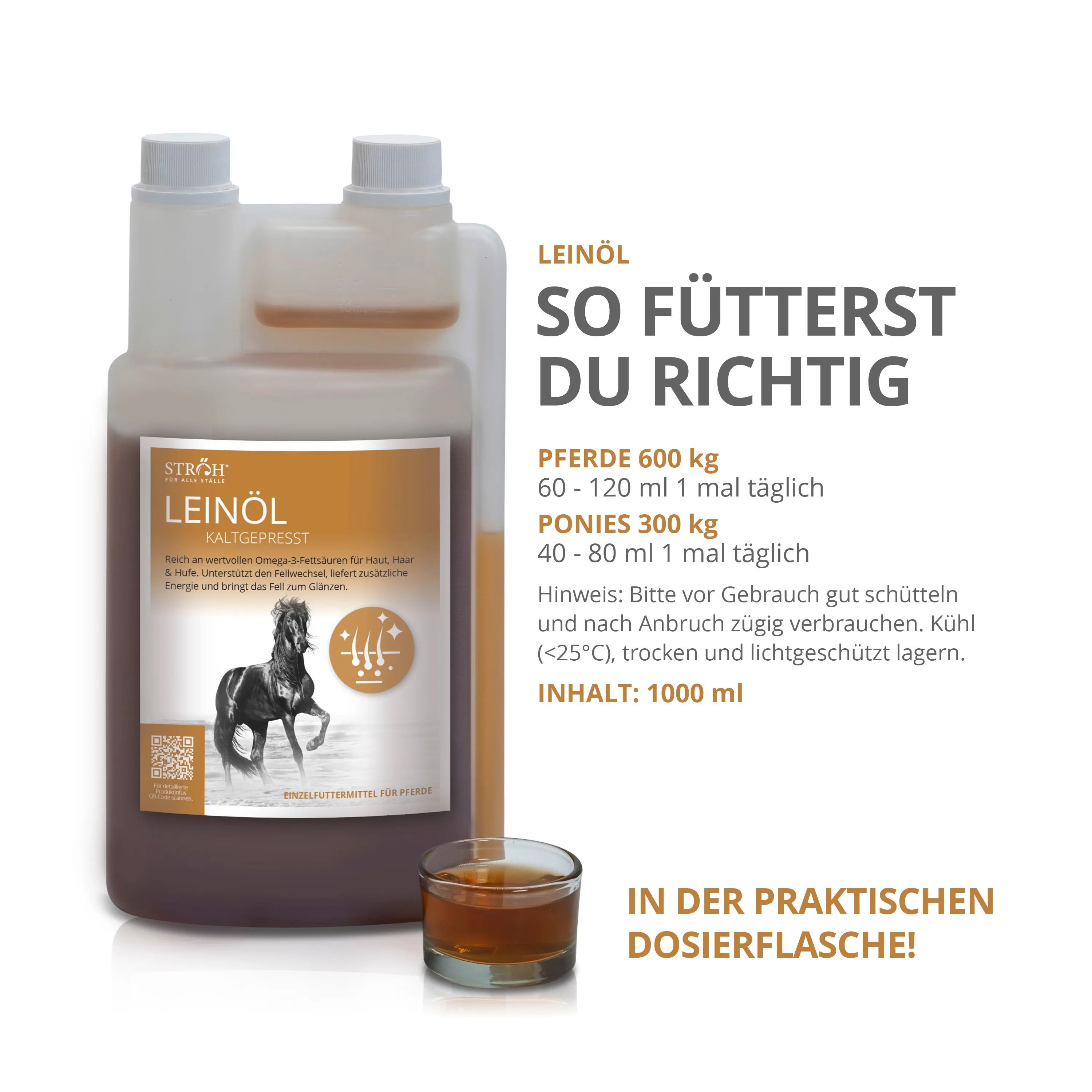 Produktflasche mit Dosierhinweisen. Aufschrift: LEINÖL kaltgepresst. Abbildung eines Pferdes. Text mit Dosierungsanleitung.