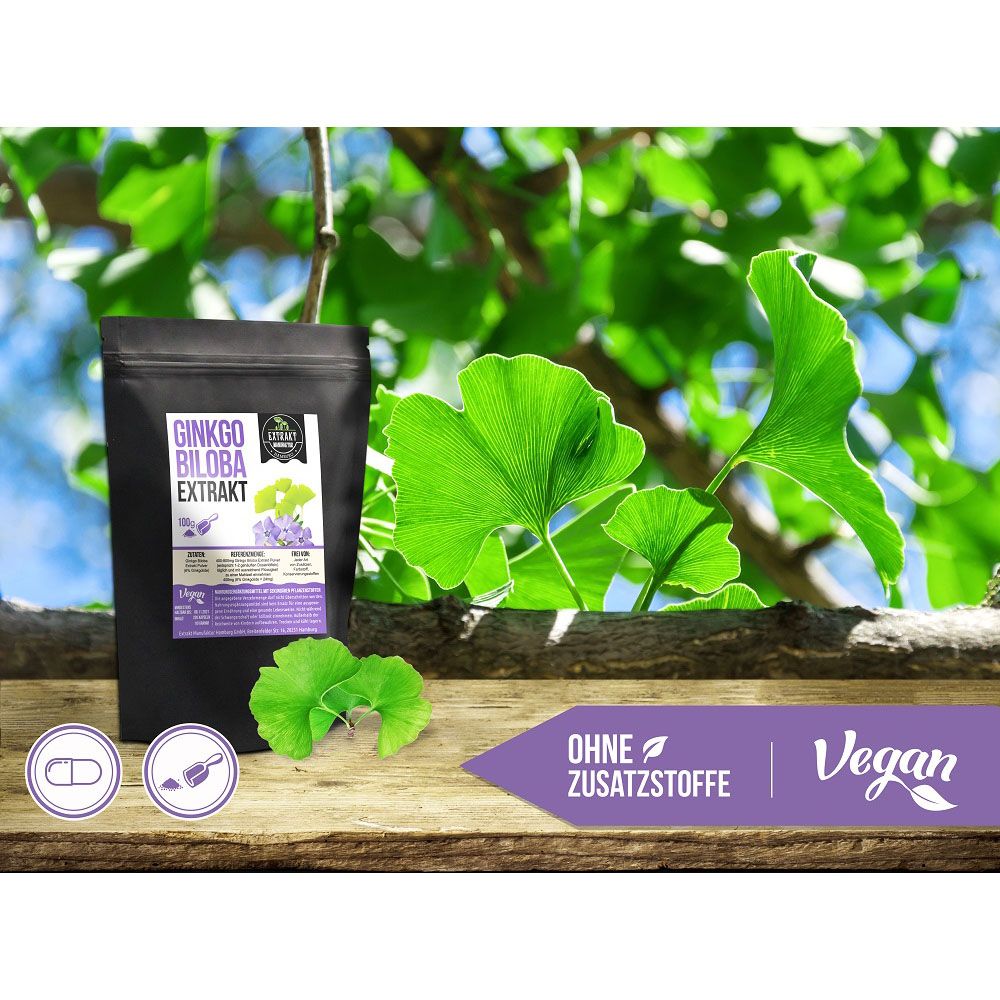 Schwarzer Beutel mit "Ginkgo Biloba Extrakt"-Aufdruck. Ginkgo-Blätter auf Holz. Vegan-Siegel. Hintergrund: Blätter und Himmel.