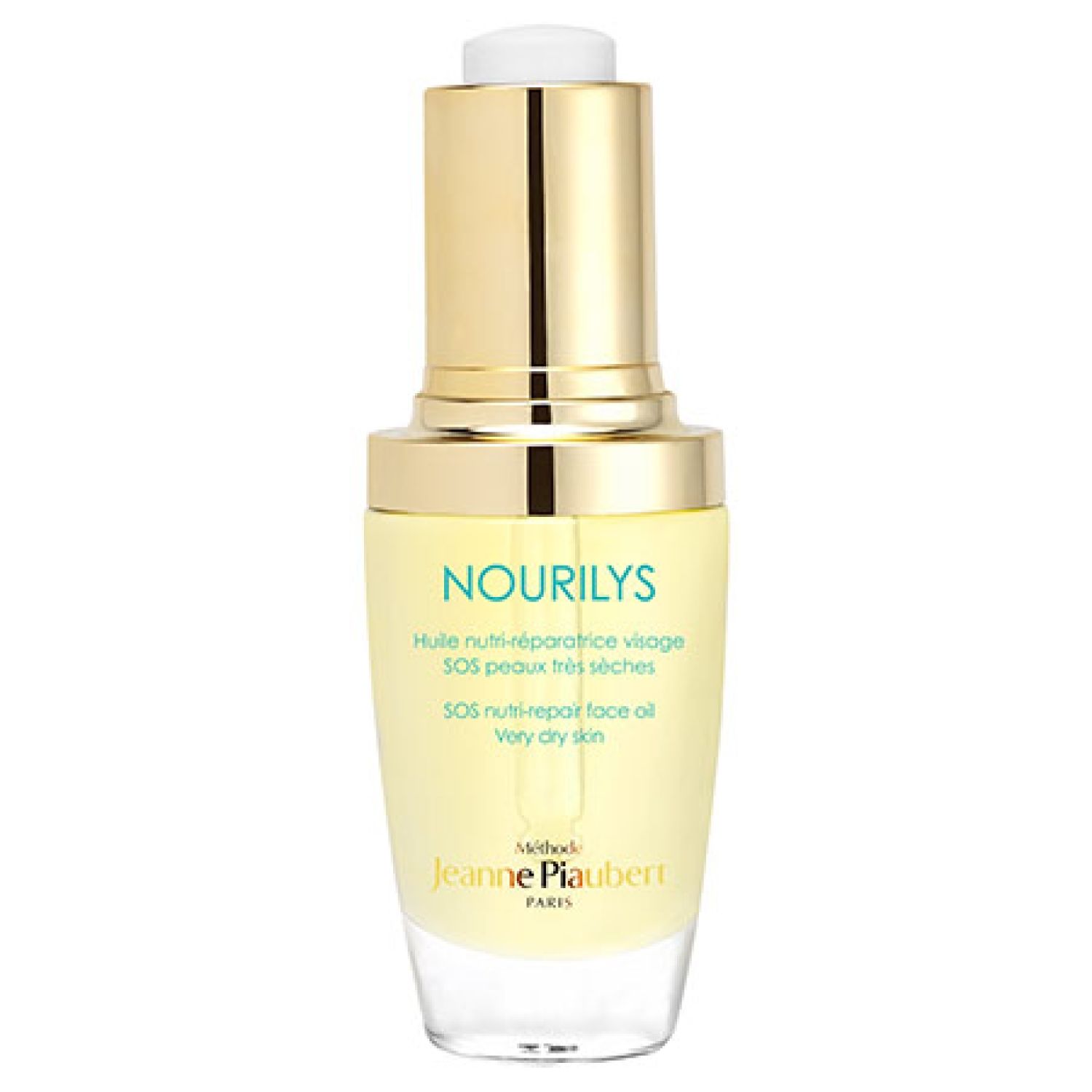 Gesichtsölflasche mit Pipette. Aufschrift: Nourilys, SOS Nutri-Repair Face Oil. Marke: Jeanne Piaubert.