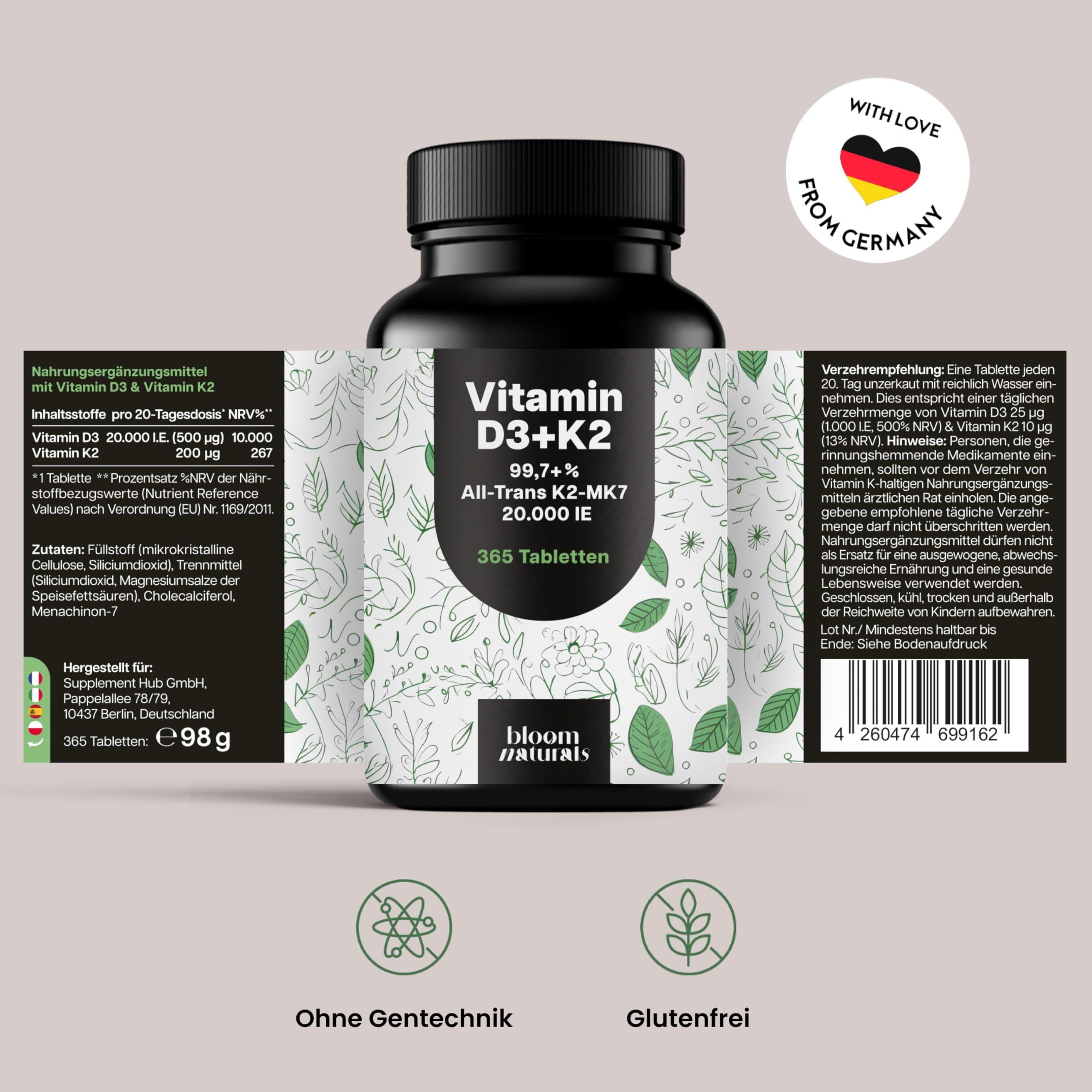 Produktflasche mit Etikett. Text: Vitamin D3+K2, 99,7%, All-Trans K2-MK7, 20.000 IE, 365 Tabletten. Ohne Gentechnik, Glutenfrei.