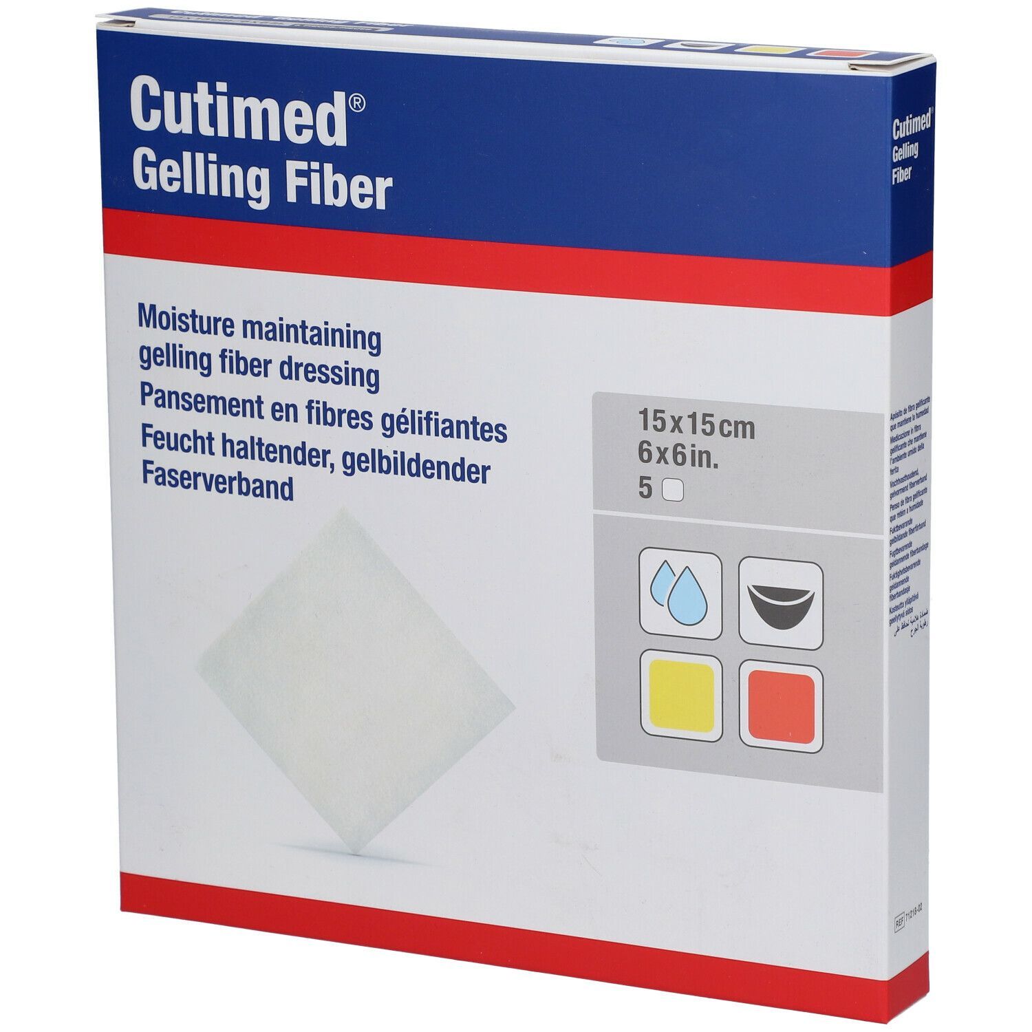 Verpackung von Cutimed® Gelling Fiber. Größe 15x15 cm. Enthält 5 Stück. Produktbezeichnung und Eigenschaften in mehreren Sprachen.