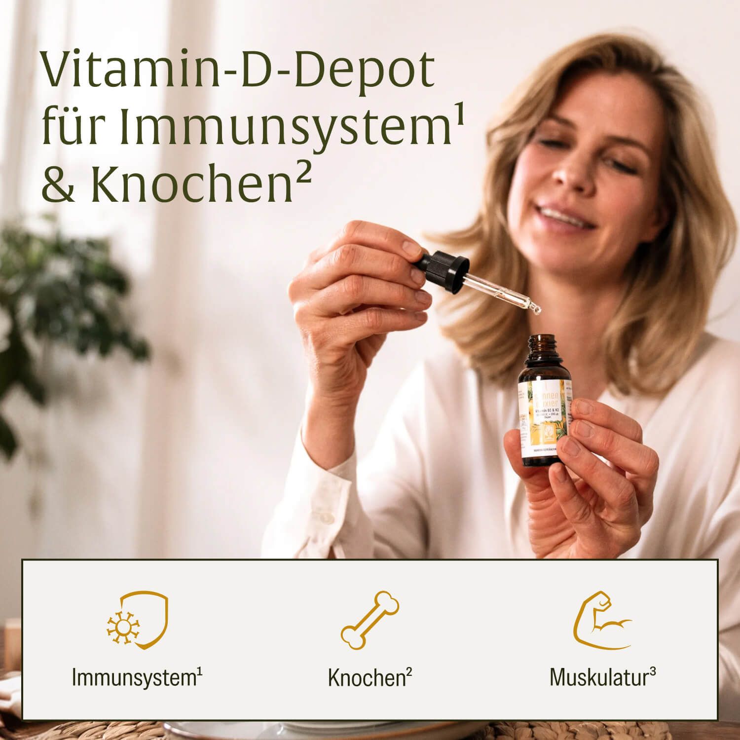 Frau hält Pipette über Fläschchen mit Vitamin-D-Tropfen für Immunsystem und Knochen.