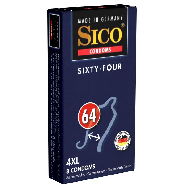 Verpackung mit Kondomen. Aufschrift "SICO CONDOMS SIXTY-FOUR". Größe 64mm, 8 Stück. "Made in Germany".