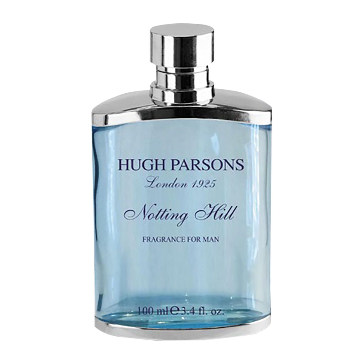 Glasflakon mit silbernem Verschluss. Aufschrift: Hugh Parsons London 1925, Notting Hill, Fragrance for Man. Volumenangabe.