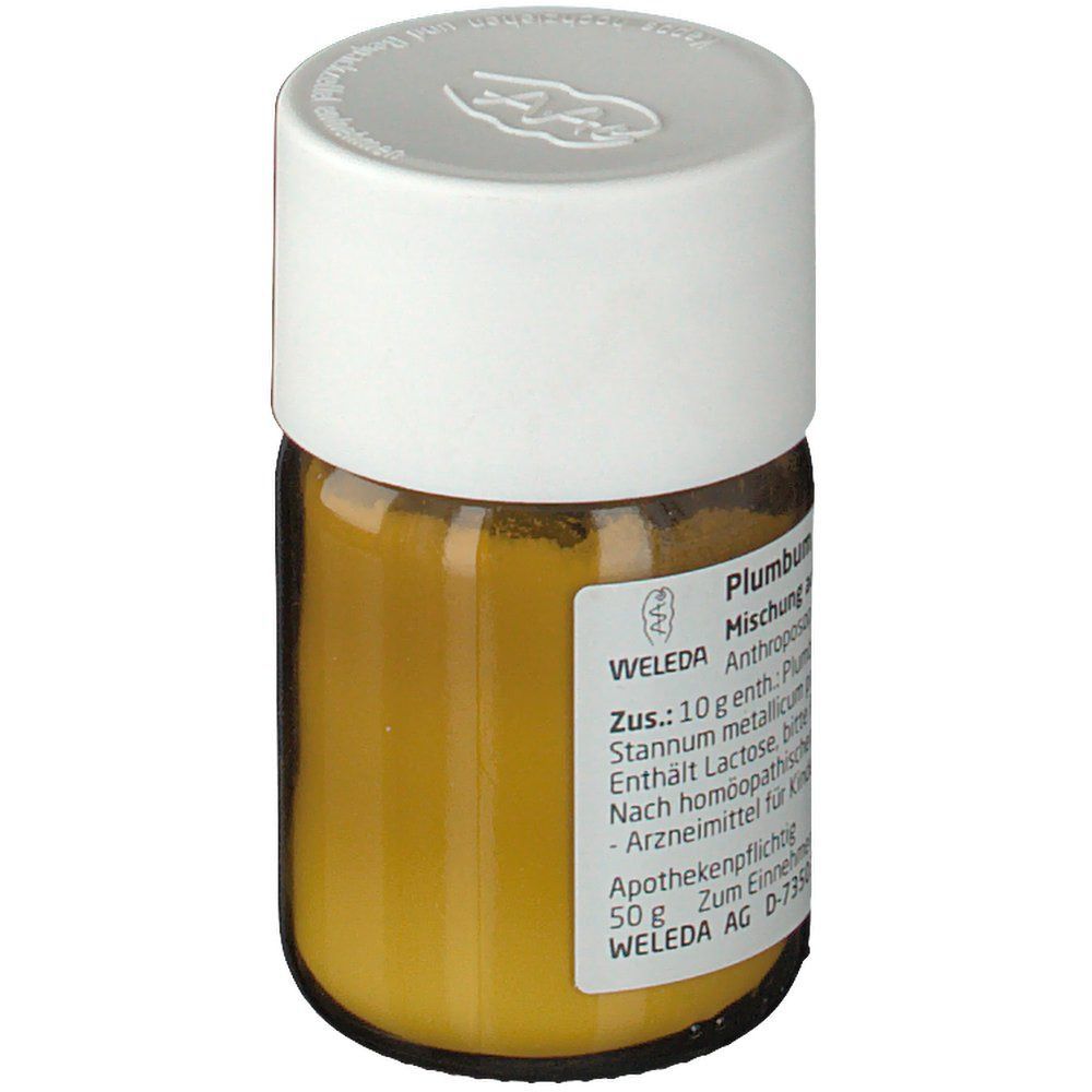 Braune Glasflasche mit weißem Deckel. Etikett mit Produktinformationen: Weleda Plumbum D14 / Stannum D14.