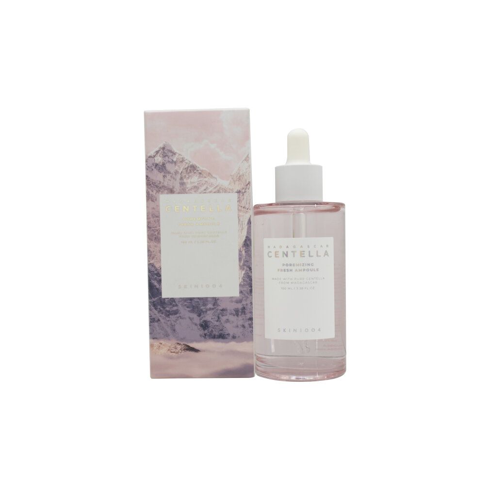 Flasche und Verpackung. SKIN1004 Madagascar Centella Poremizing Fresh Ampoule. Rosa Flüssigkeit.