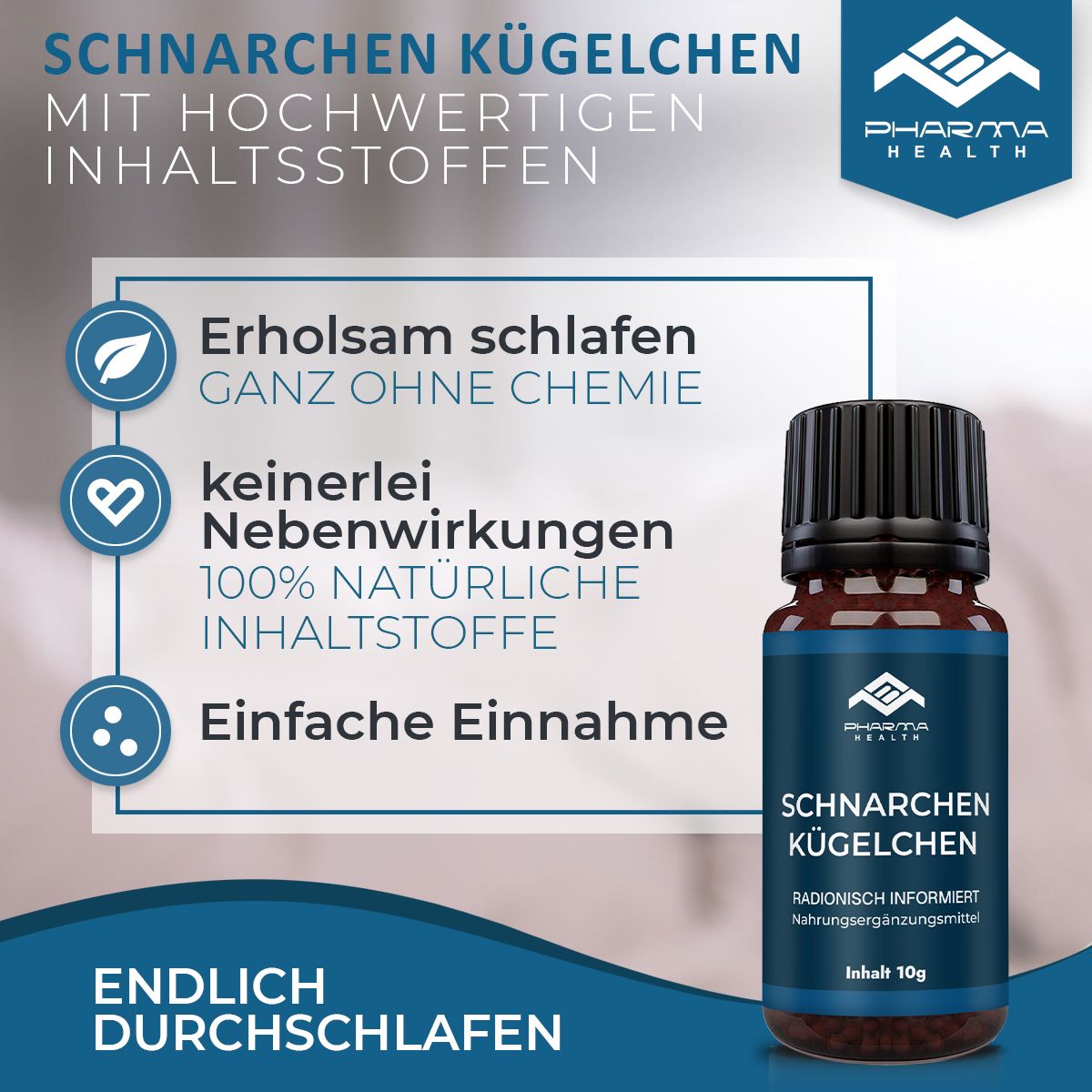 Produktflasche mit Text und Icons. Text: Erholsam schlafen, keine Nebenwirkungen, natürliche Inhaltsstoffe, einfache Einnahme.