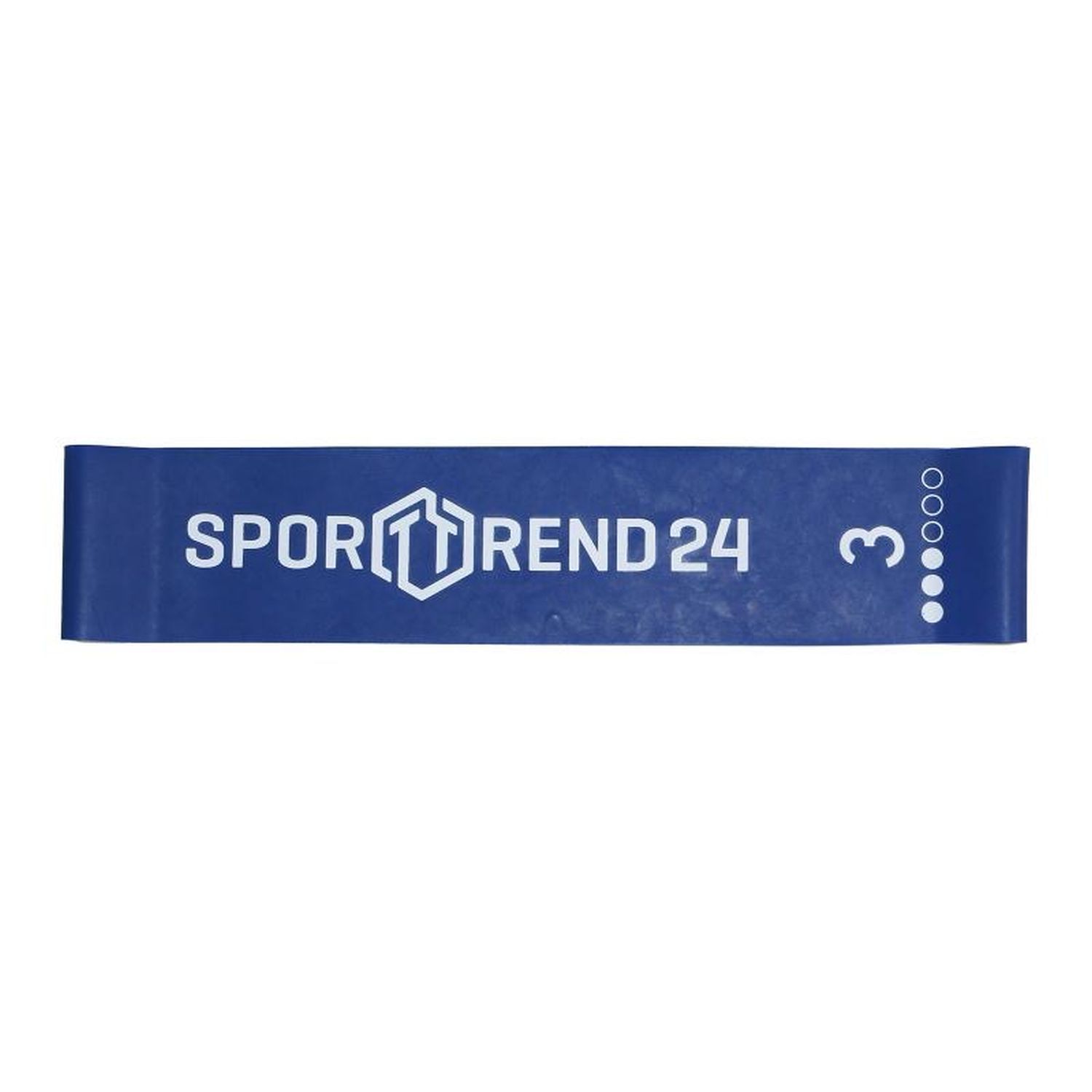 Blaues Mini-Band von Sporttrend24 mit weißer Nummer 3 und Logo. Für Fitness-Übungen.