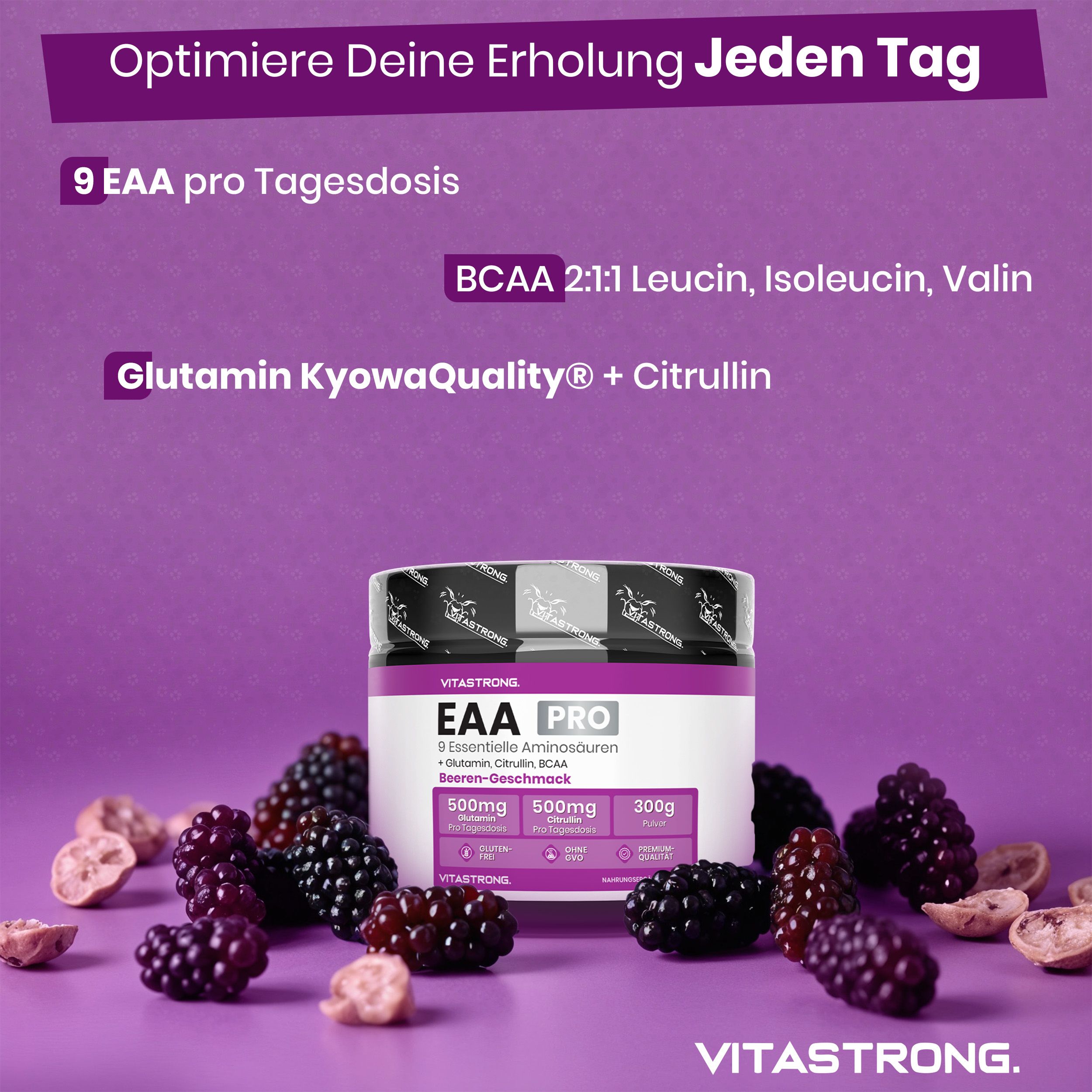 Vitastrong EAA Pro, Dose. 300g Pulver. 9 essentielle Aminosäuren. Beeren-Geschmack. Glutenfrei, ohne GMO. Mit BCAA.
