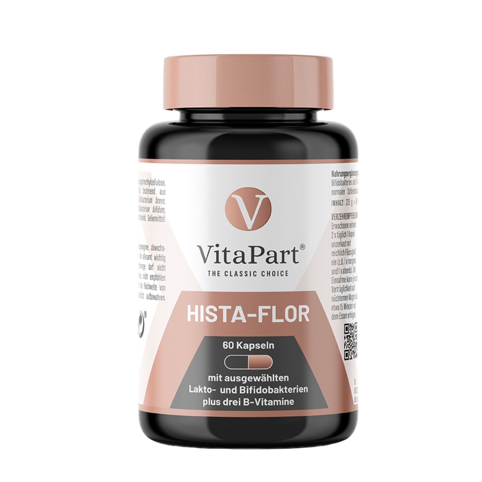 Schwarze Flasche mit braunem Deckel. Aufschrift: VitaPart Hista-Flor, 60 Kapseln. Rosa-weiße Etikettendetails.