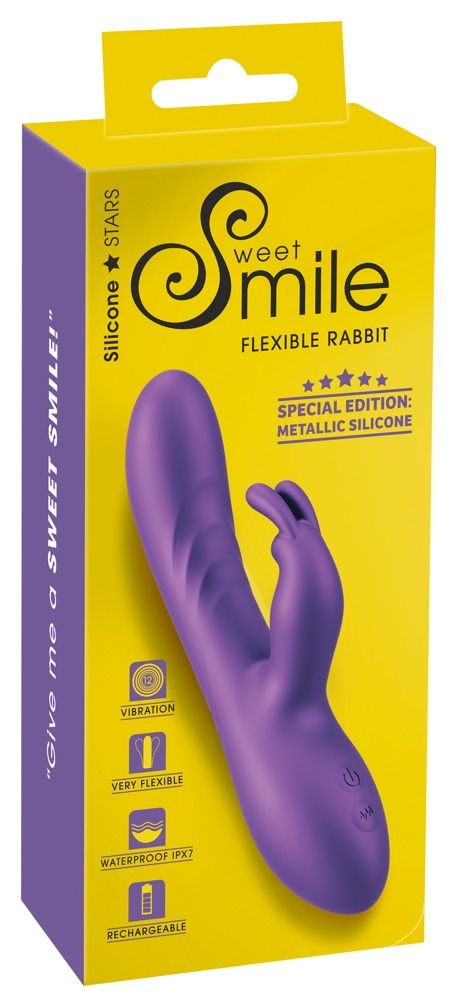 Gelbe Verpackung mit lila Vibrator. Text: Sweet Smile, Flexible Rabbit, Special Edition: Metallic Silicone. Symbole für Vibration, Flexibilität, Wasserdichtigkeit und Aufladung.