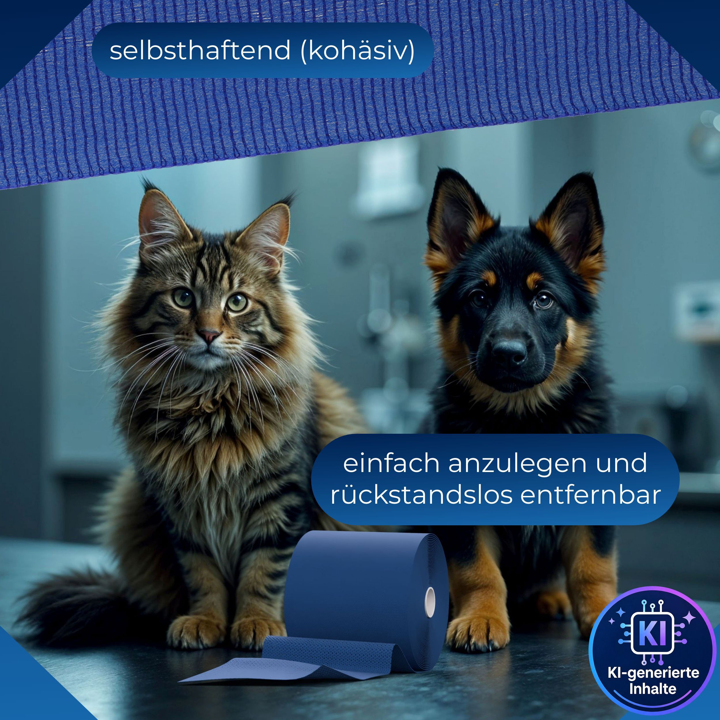 Blauer, kohäsiver Verband auf Rolle, einfach anzulegen und rückstandsfrei entfernbar.