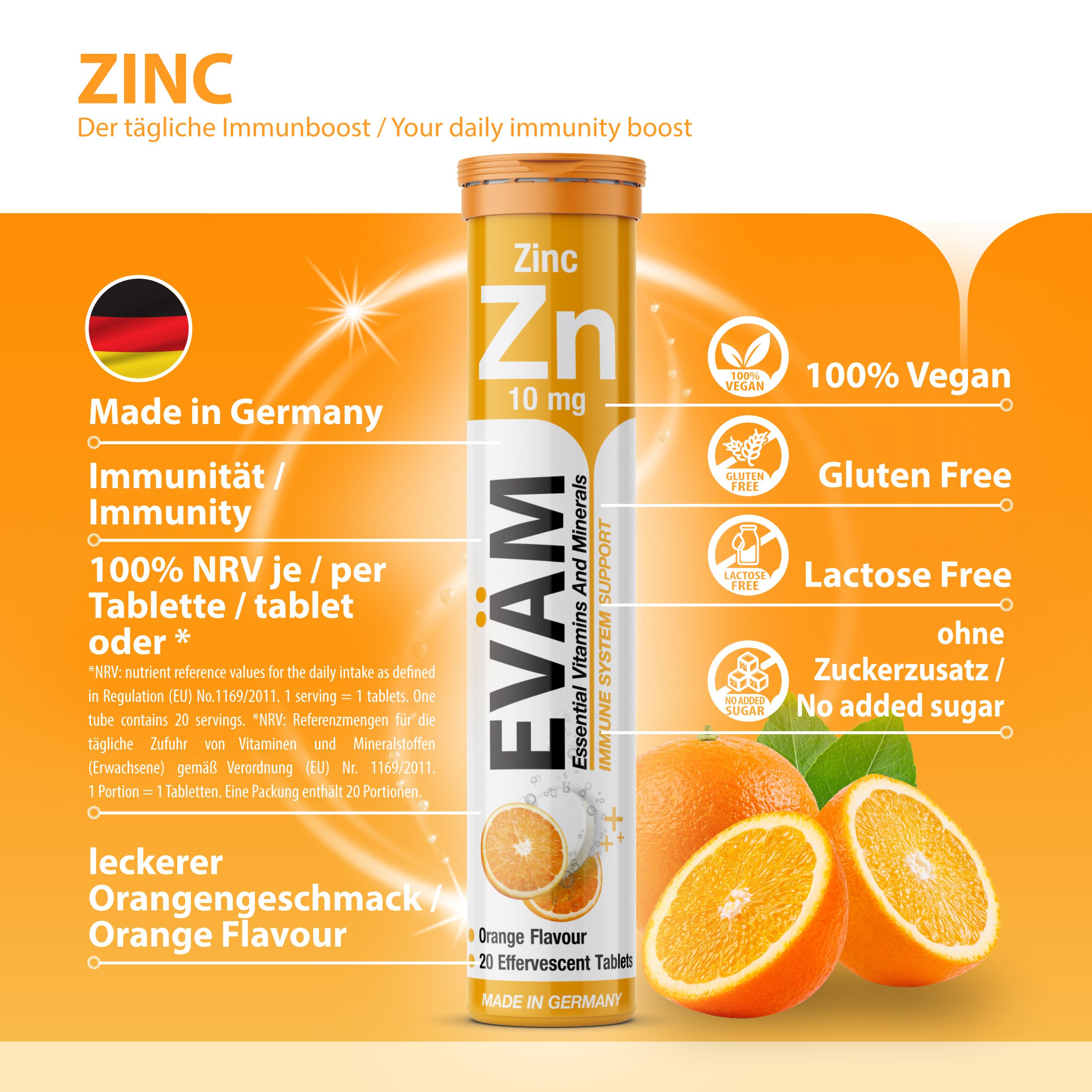 Tube EVÄM Zinc mit Aufschrift Zinc 10 mg. Enthält 20 Brausetabletten. Aufschrift: Orange Flavor. Mit Logos: Vegan, Glutenfrei, Laktosefrei, ohne Zuckerzusatz.