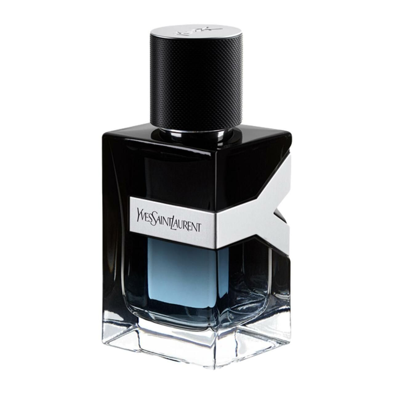 Flakon mit schwarzem Verschluss und silbernem Logo. Aufschrift: Yves Saint Laurent. Eckige Form, blaue Flüssigkeit sichtbar.