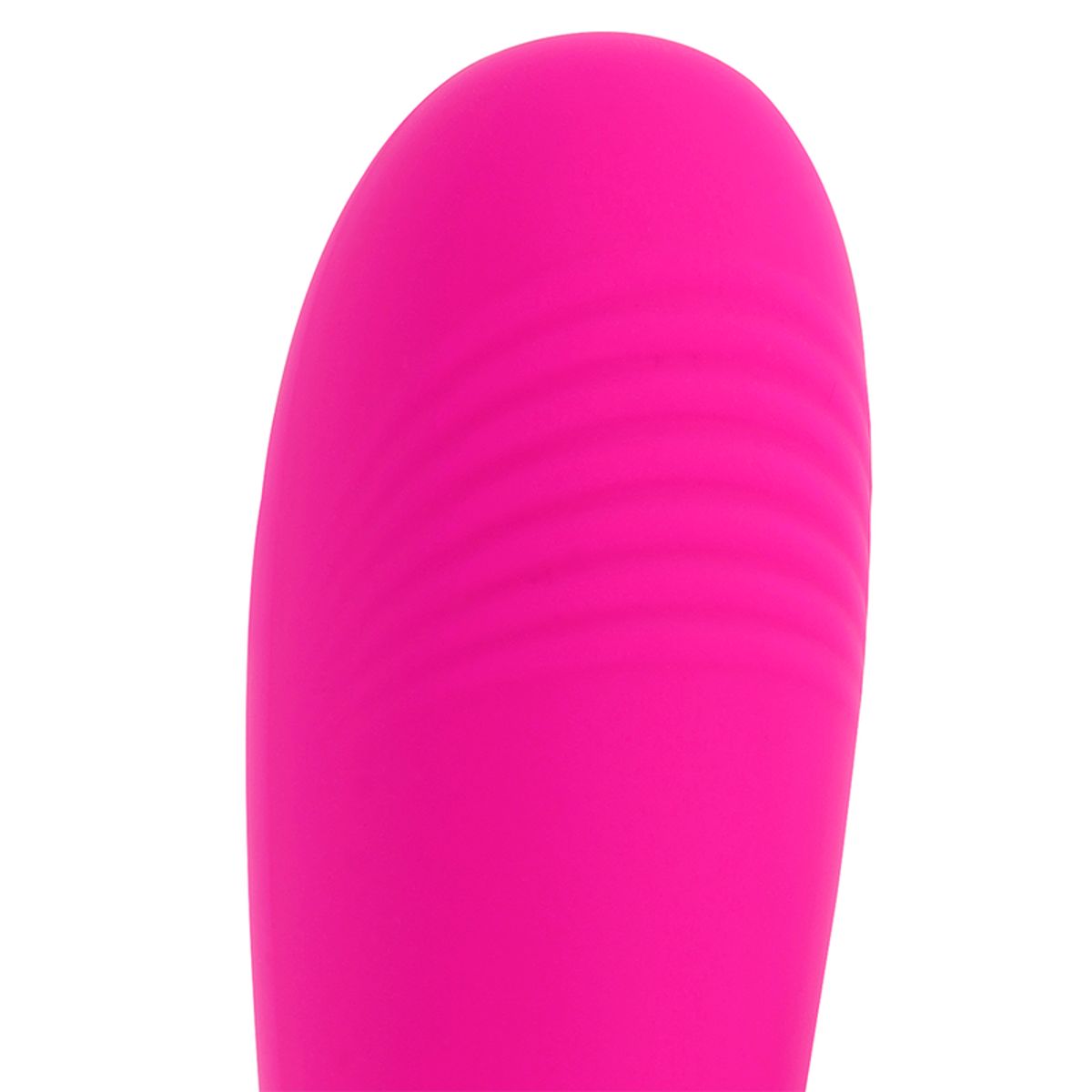Nahaufnahme des Vibratorkopfes. Geriffelte Oberfläche, pinkfarbenes Silikon.