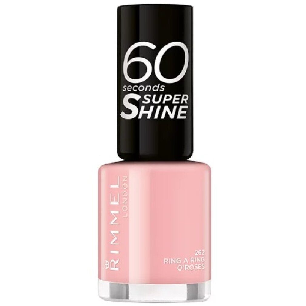 Rosa Nagellackflasche mit schwarzem Deckel. Aufschrift: 60 seconds, Super Shine, Rimmel London, 262 Ring a Ring o'Roses.