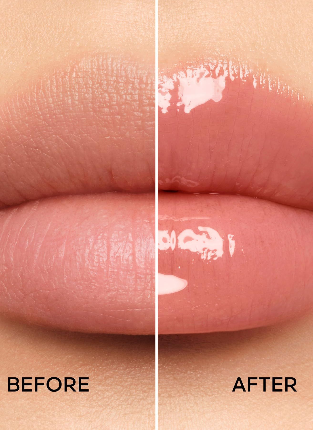 Lippen vor und nach dem Auftragen von Gloss. Text: "BEFORE" und "AFTER".