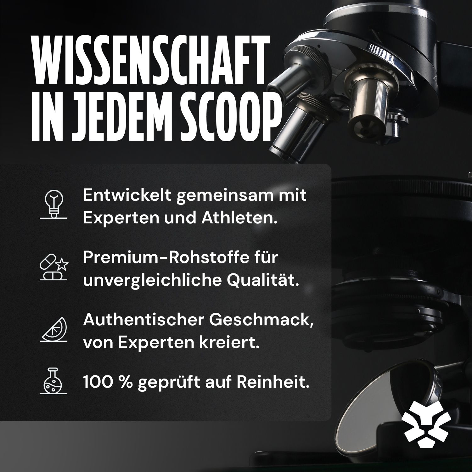 Text: Wissenschaft in jedem Scoop. Entwickelt mit Experten und Athleten. Premium-Rohstoffe. Authentischer Geschmack. 100% geprüft auf Reinheit. PolleoSport Logo.