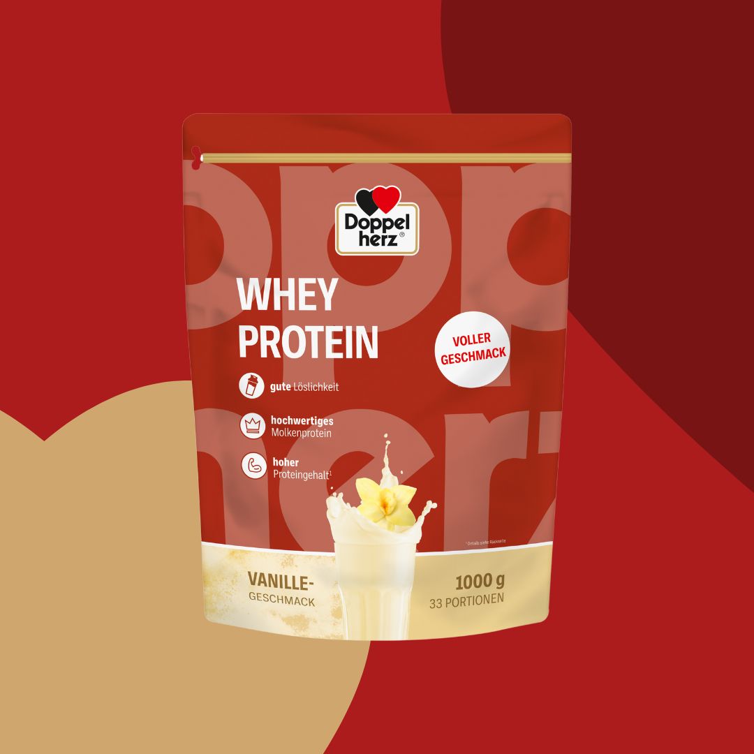 Proteinpulver-Beutel mit Vanille-Geschmack. Marke: Doppelherz. Enthält 1000g und 33 Portionen.