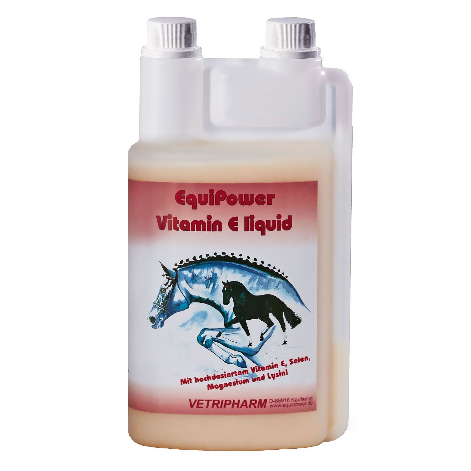 Flasche mit Etikett. Aufschrift: EquiPower Vitamin E liquid. Abbildung eines Pferdes. Text: Mit hochdosiertem Vitamin E, Selen, Magnesium und Lysin!