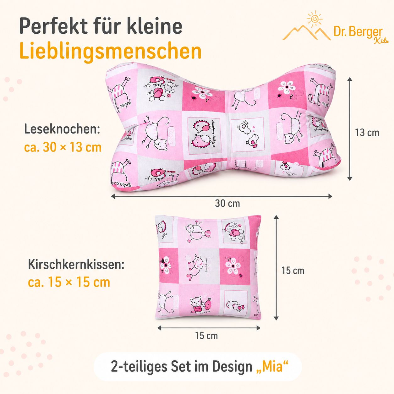 Kuschelkissen-Set Mia: Leseknochen (ca. 30x13 cm) und Kirschkernkissen (ca. 15x15 cm) mit Tiermotiv.