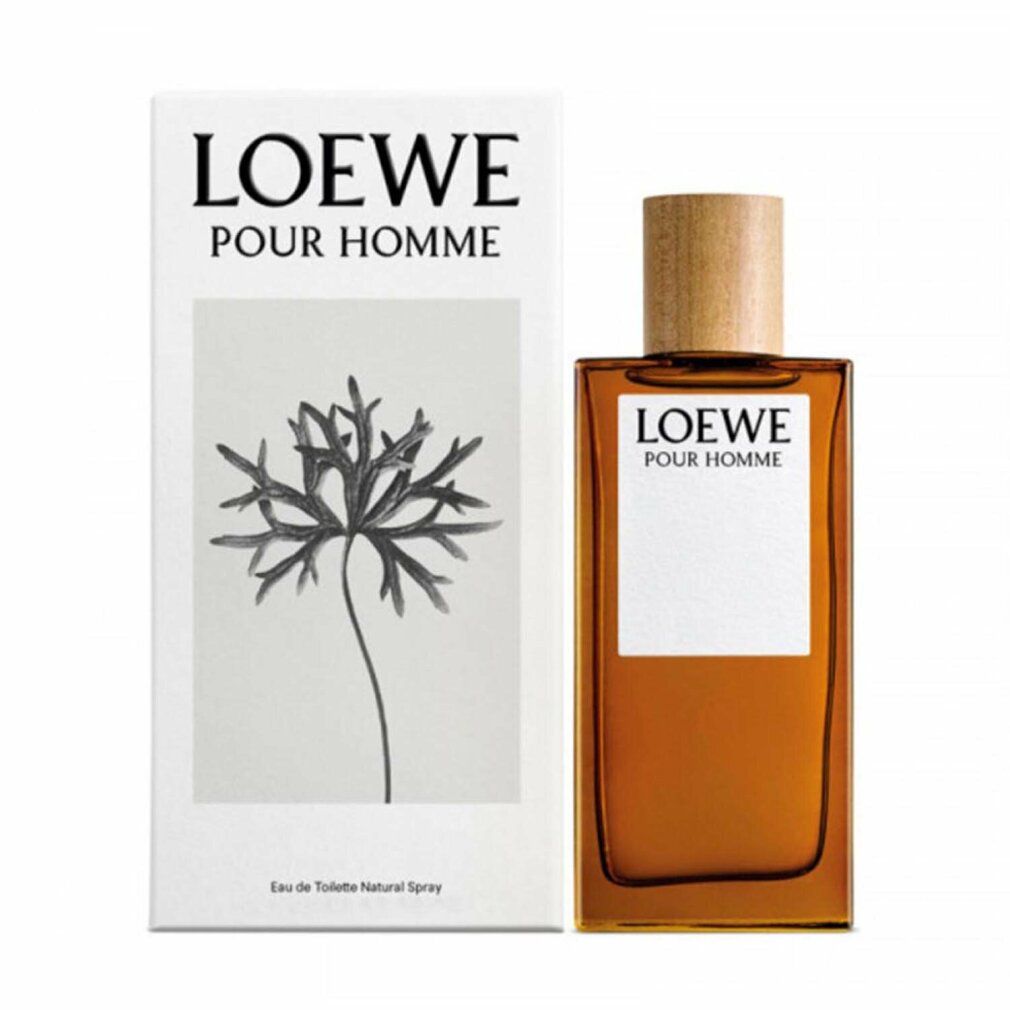 Braune Glasflasche mit Holzverschluss und Verpackung. Auf der Verpackung und dem Etikett steht "LOEWE POUR HOMME".