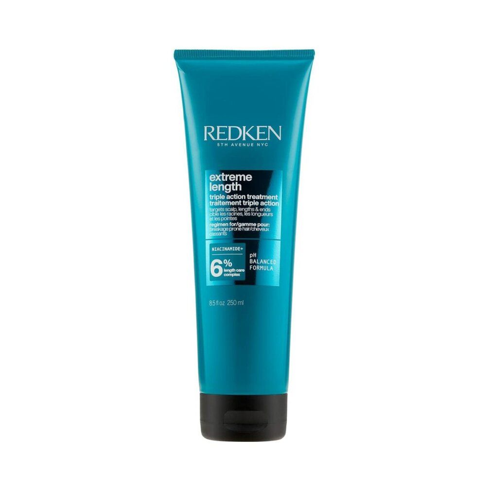 Türkisfarbene Tube. Aufschrift Redken Extreme Length. Schwarzer Deckel. Text: Triple Action Treatment, 6% Length Boost.