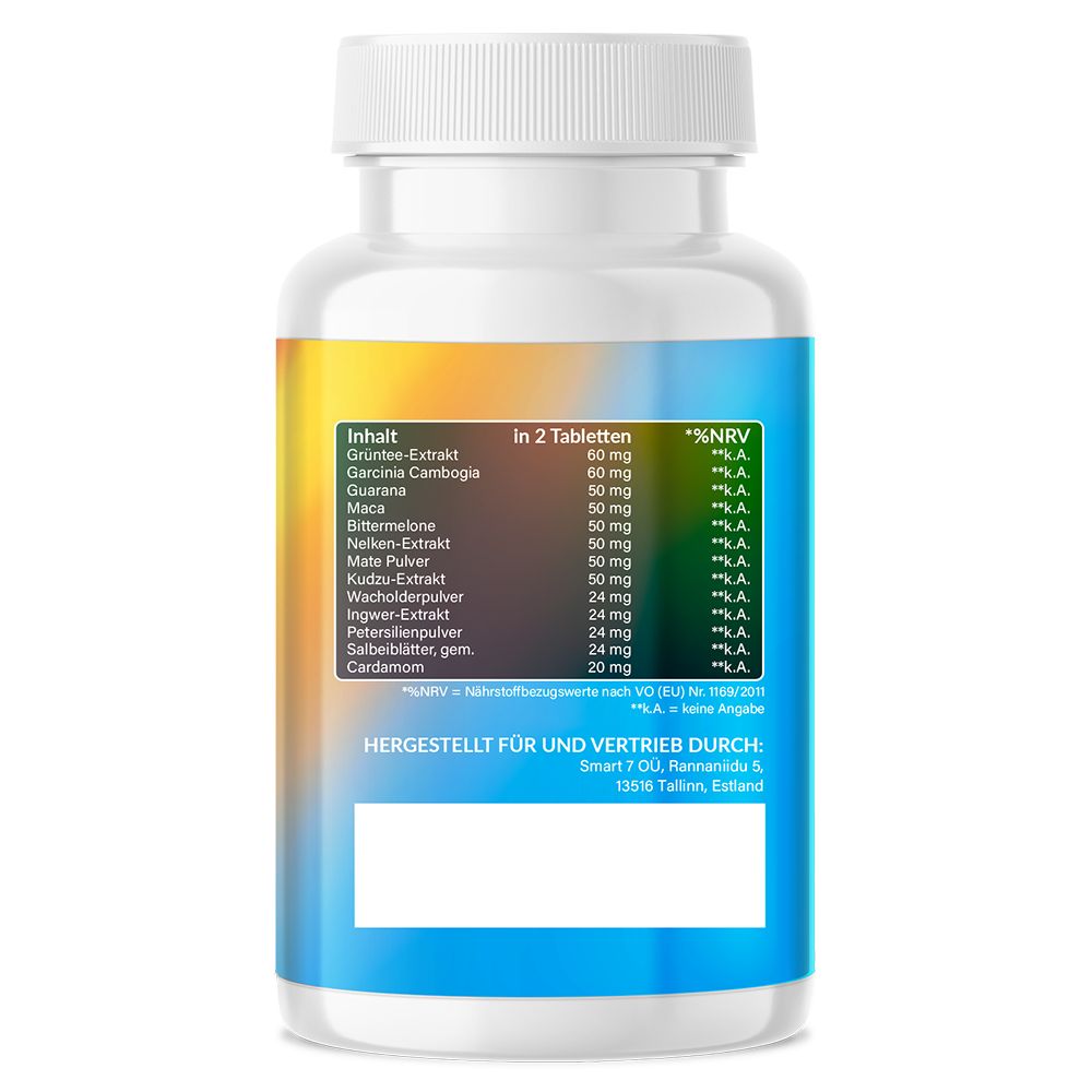 Rückseite der Tablettenflasche. Inhaltsstoffe und Nährwertangaben. Hergestellt für Smart 7 OÜ, Tallinn, Estland.