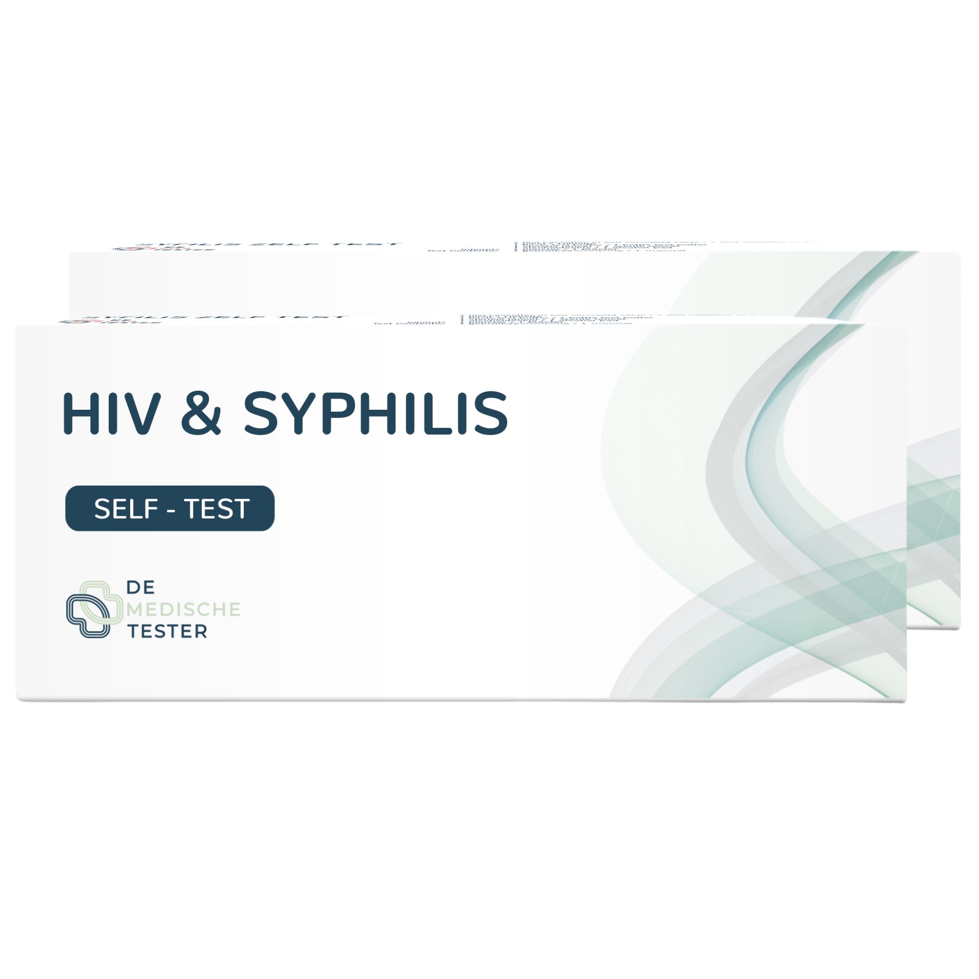 Zwei Packungen HIV & Syphilis Selbsttest. Aufschrift: HIV & Syphilis, Self-Test, De Medische Tester. Weiße Verpackung mit blauen Akzenten.