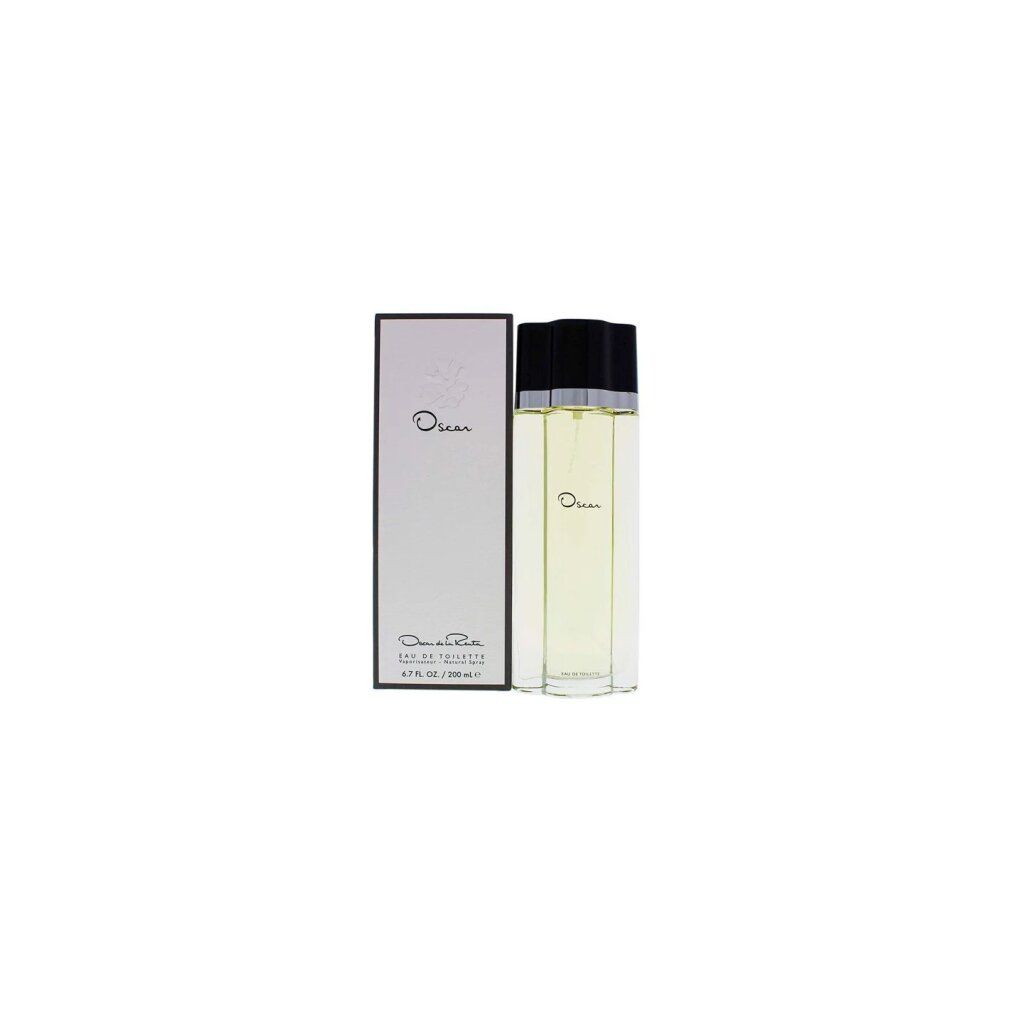 Flakon und Verpackung von Oscar Eau de Toilette. Rechteckiger Flakon mit schwarzem Deckel. Weiße Verpackung mit Logo.