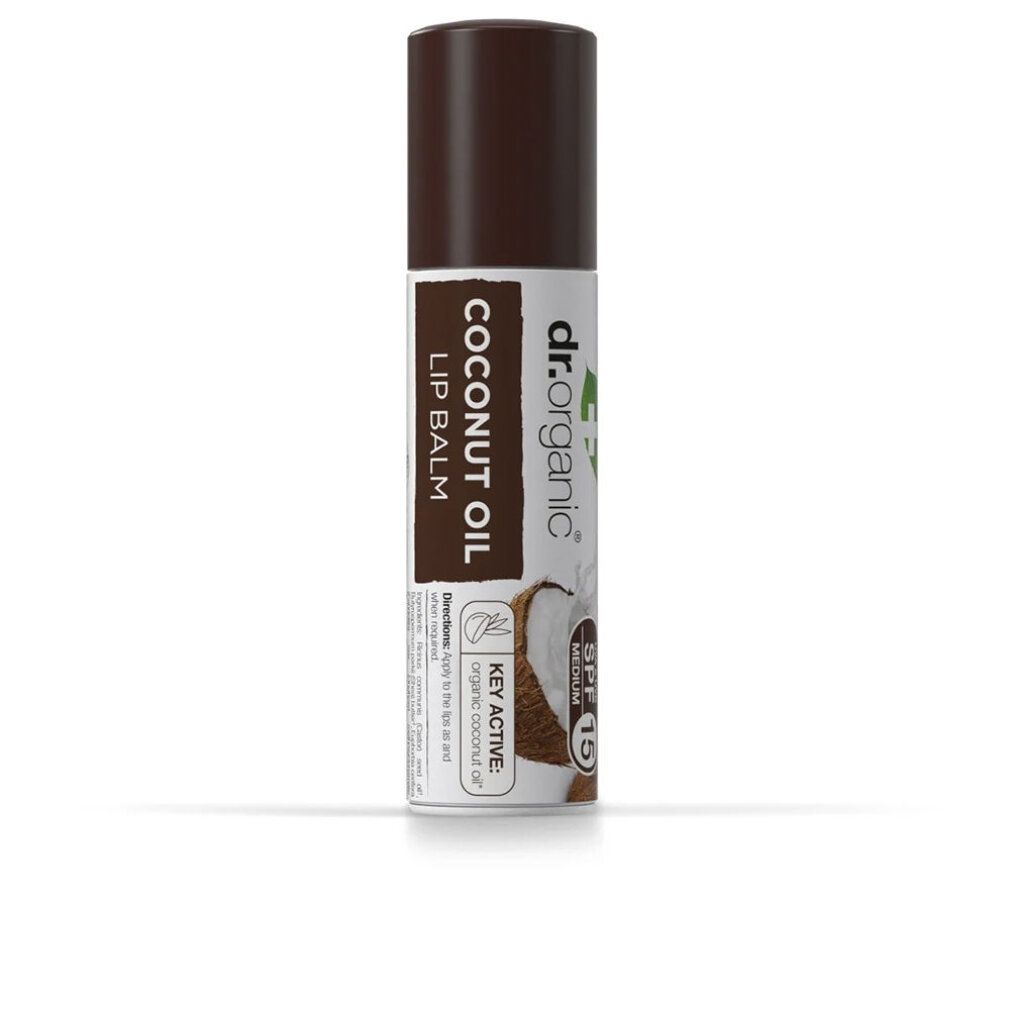 Lippenbalsam mit braunem Deckel. Aufschrift: Coconut Oil Lip Balm, SPF 15. Marke: dr.organic. Kokosnuss-Illustration.