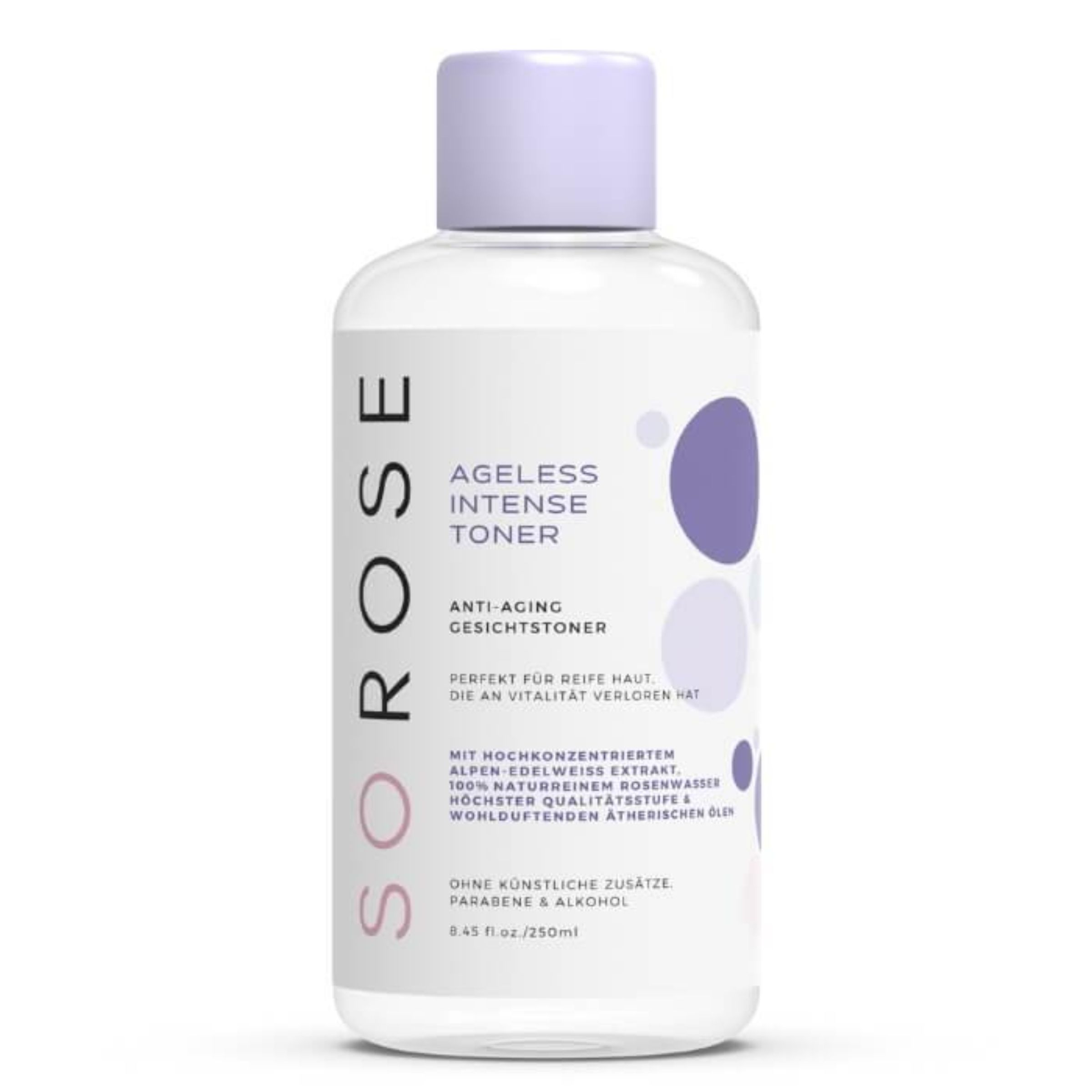 Klarer Behälter mit lila Deckel. Aufschrift: Sorose Ageless Intense Toner. Anti-Aging Gesichtstoner.