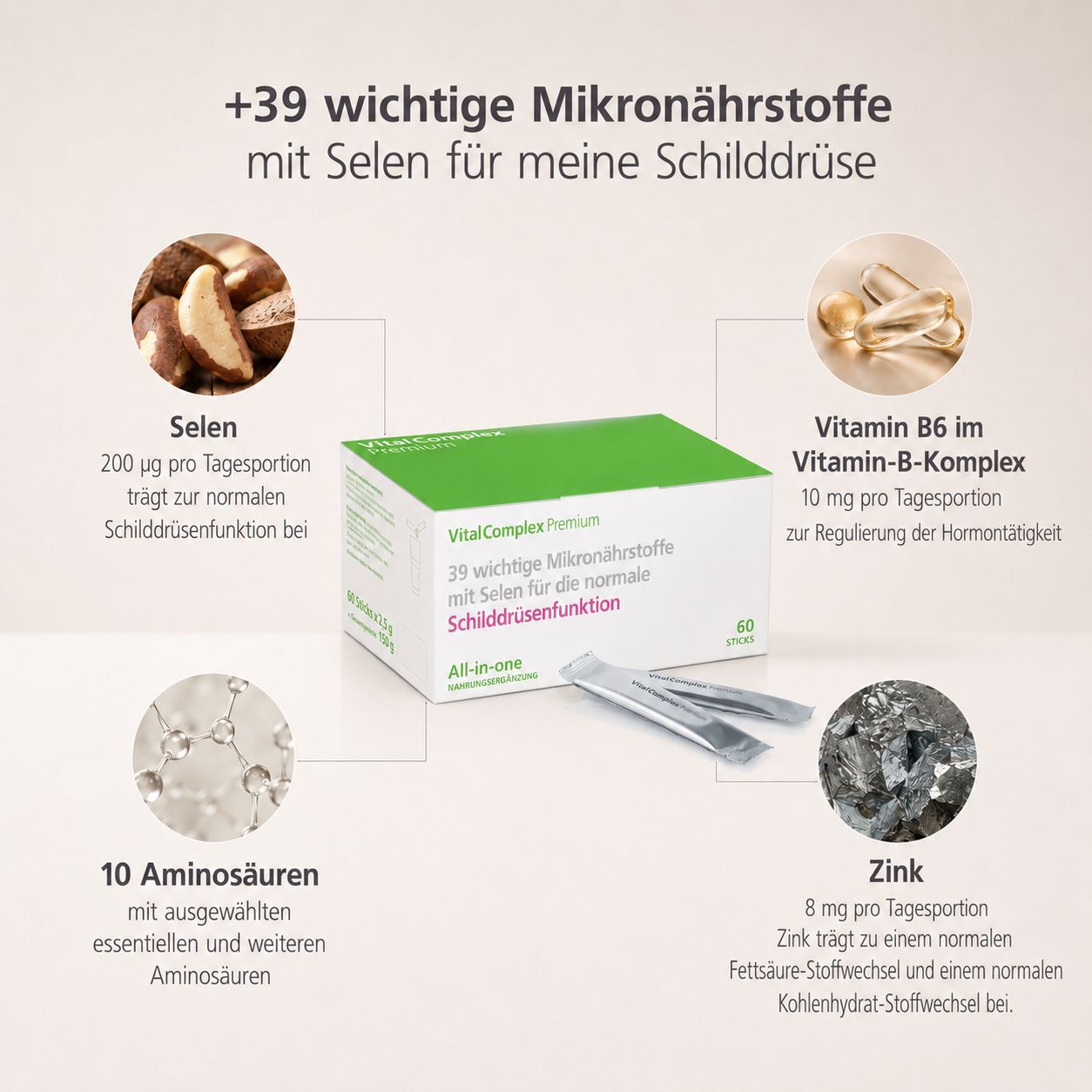 Vital Complex Premium: Selen, Aminosäuren, Zink und Vitamin B6 für die Schilddrüse.