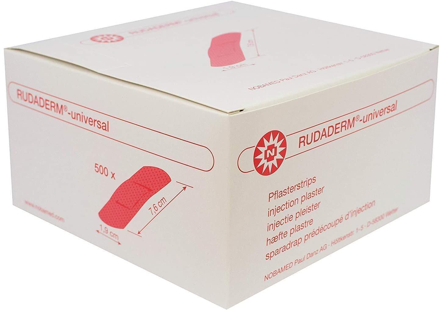Weiße Kartonverpackung mit Produktabbildung und Schriftzug RUDADERM-universal. Enthält 500 Pflasterstrips. Maße: 7,6 cm x 1,9 cm.