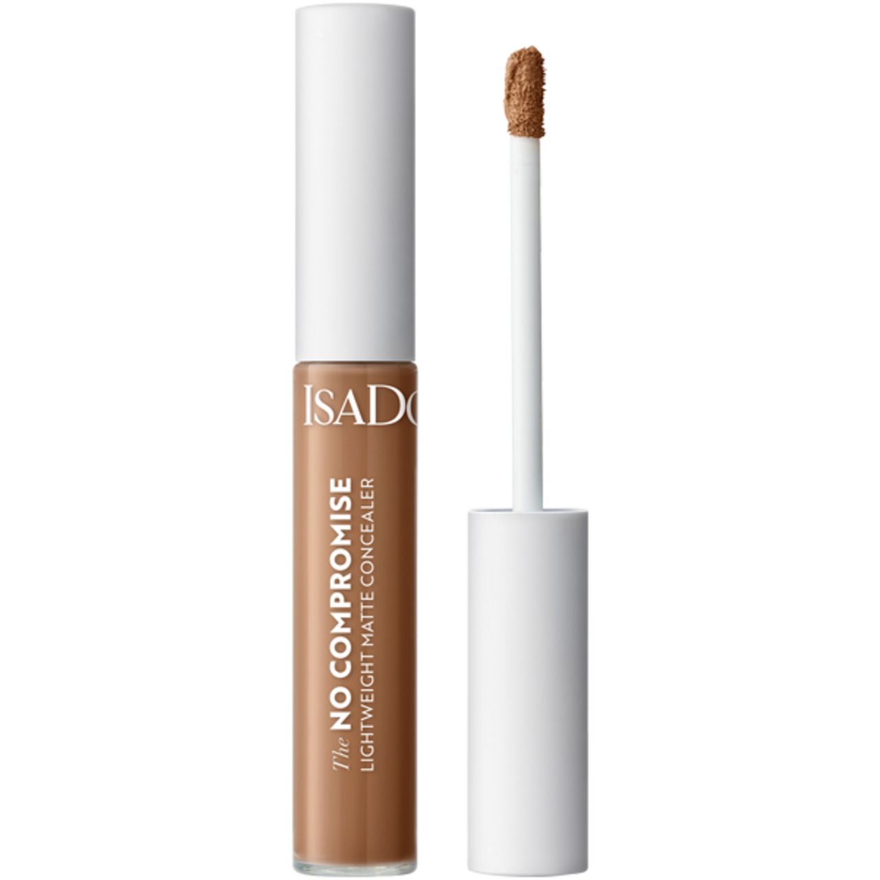 Concealer-Tube mit weißem Deckel und Applikator. Aufschrift: IsaDora, The No Compromise, Lightweight Matte Concealer.