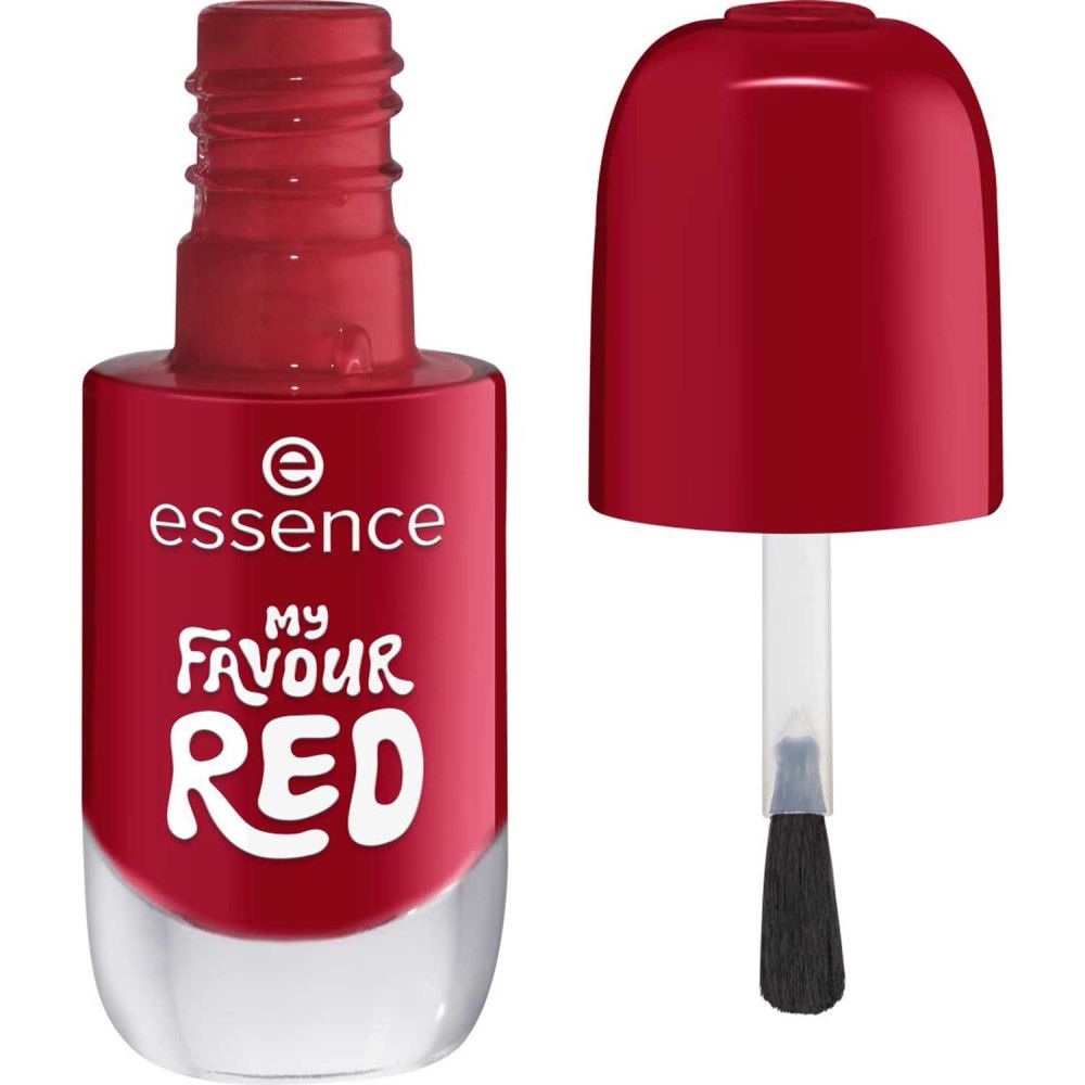 Roter Nagellack, Flasche geöffnet, Pinsel sichtbar. Aufschrift "essence", "MY FAVOUR RED".