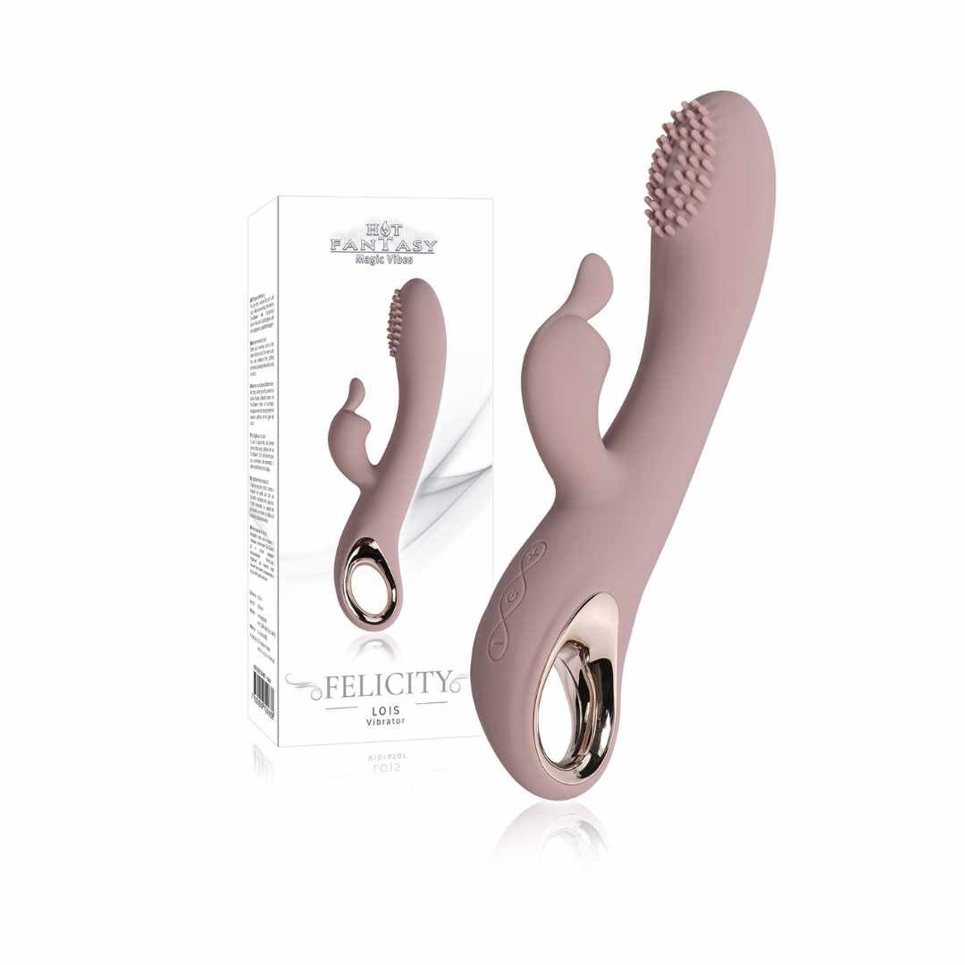 Rosa Vibrator mit Verpackung. Auf der Verpackung steht „FELICITY“ und „HOT FANTASY“. Der Vibrator hat eine geriffelte Spitze und Hasenohren.