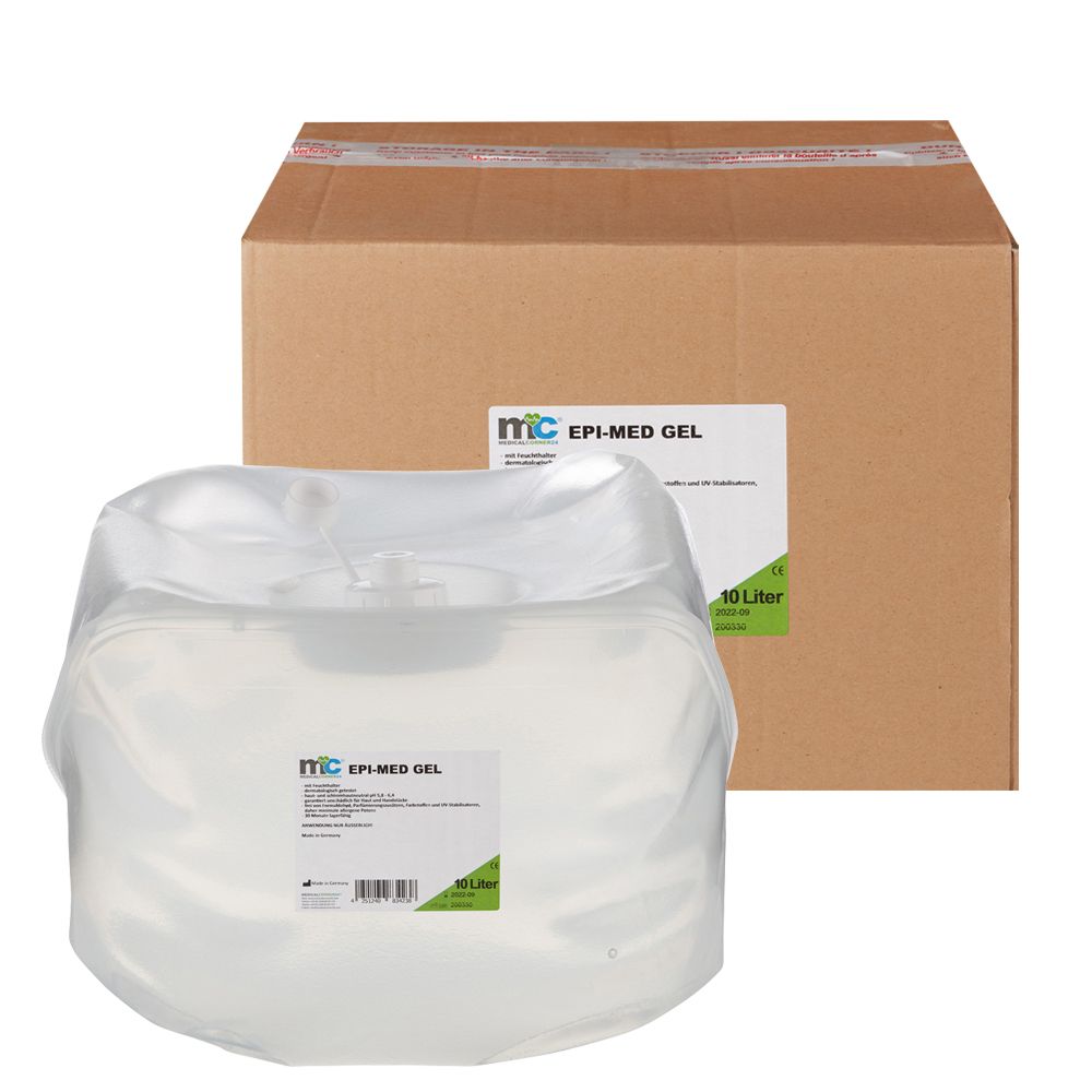 10 Liter EPI-MED GEL Beutel neben einem geöffneten Versandkarton.