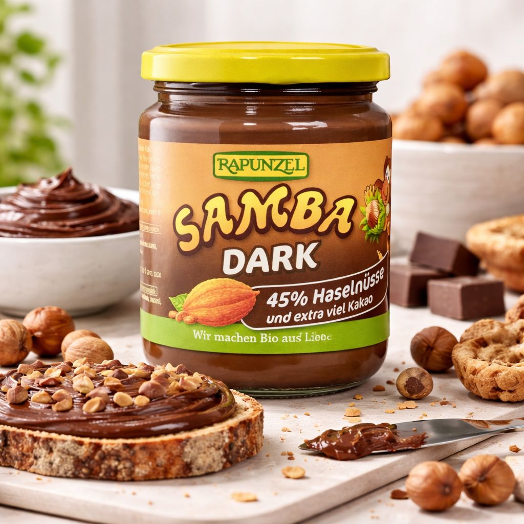 Rapunzel Samba Dark Schoko-Nuss-Aufstrich im Glas mit gelbem Deckel, Haselnüssen und Kakao abgebildet.