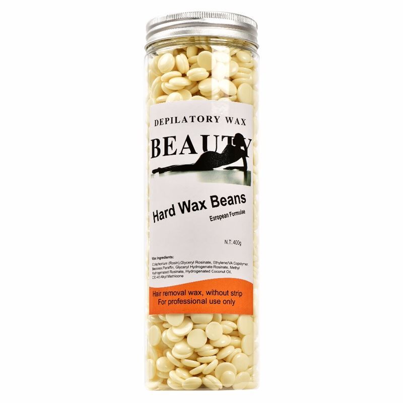 Zylindrische Dose mit Wachsperlen. Aufschrift: DEPILATORY WAX, BEAUTY, Hard Wax Beans. Für professionelle Anwendung.