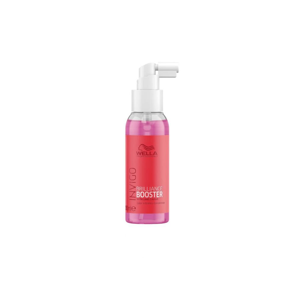 Wella Invigo Brilliance Booster Flasche mit Sprühkopf. Rote und transparente Flüssigkeit sichtbar.