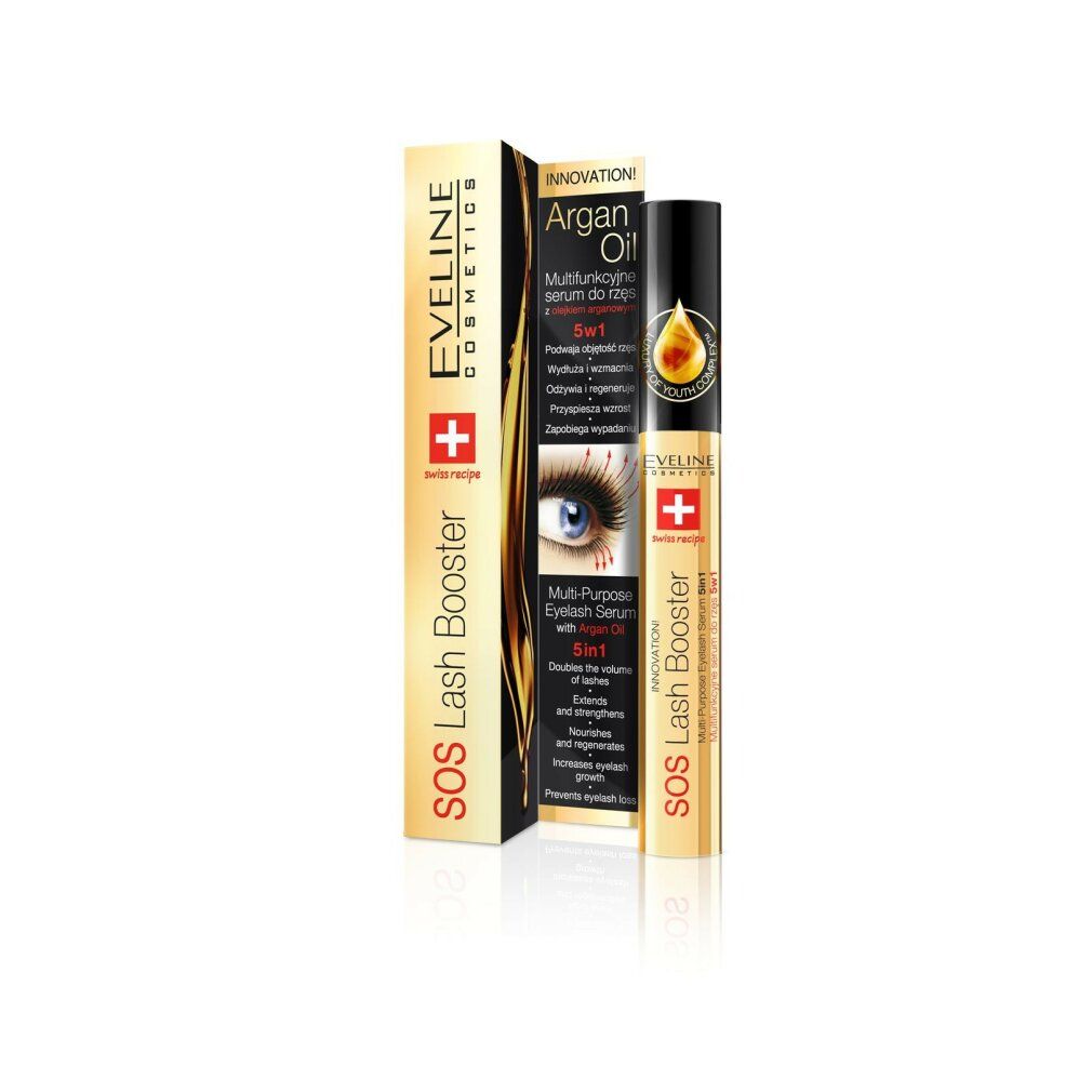 Produktverpackung mit Tube und Schachtel. Text: Eveline Cosmetics, SOS Lash Booster, 5in1. Logo: Schweizer Kreuz. Schachtel mit Augenabbildung.