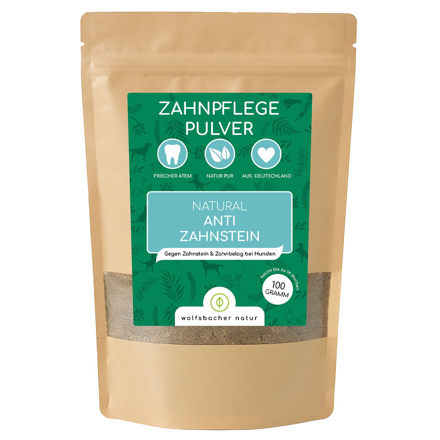 Beutel mit Zahnpflegepulver. Aufschrift: Zahnpflege Pulver, Natural Anti Zahnstein. 100 Gramm.