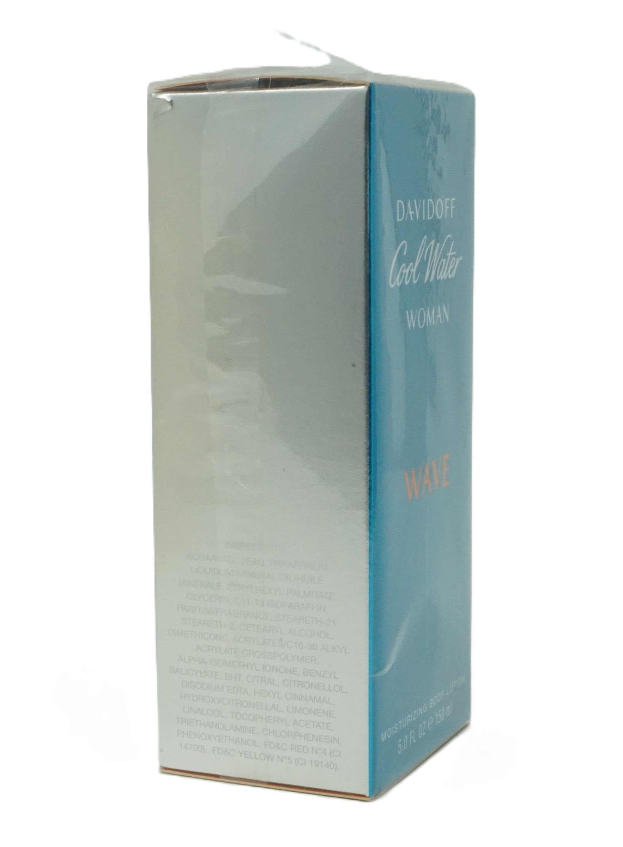 Davidoff Cool Water Woman Wave Body Lotion. Verpackung, blau-türkis. Produktbezeichnung und Inhaltsstoffe. 5.0 FL OZ e 150 ml.