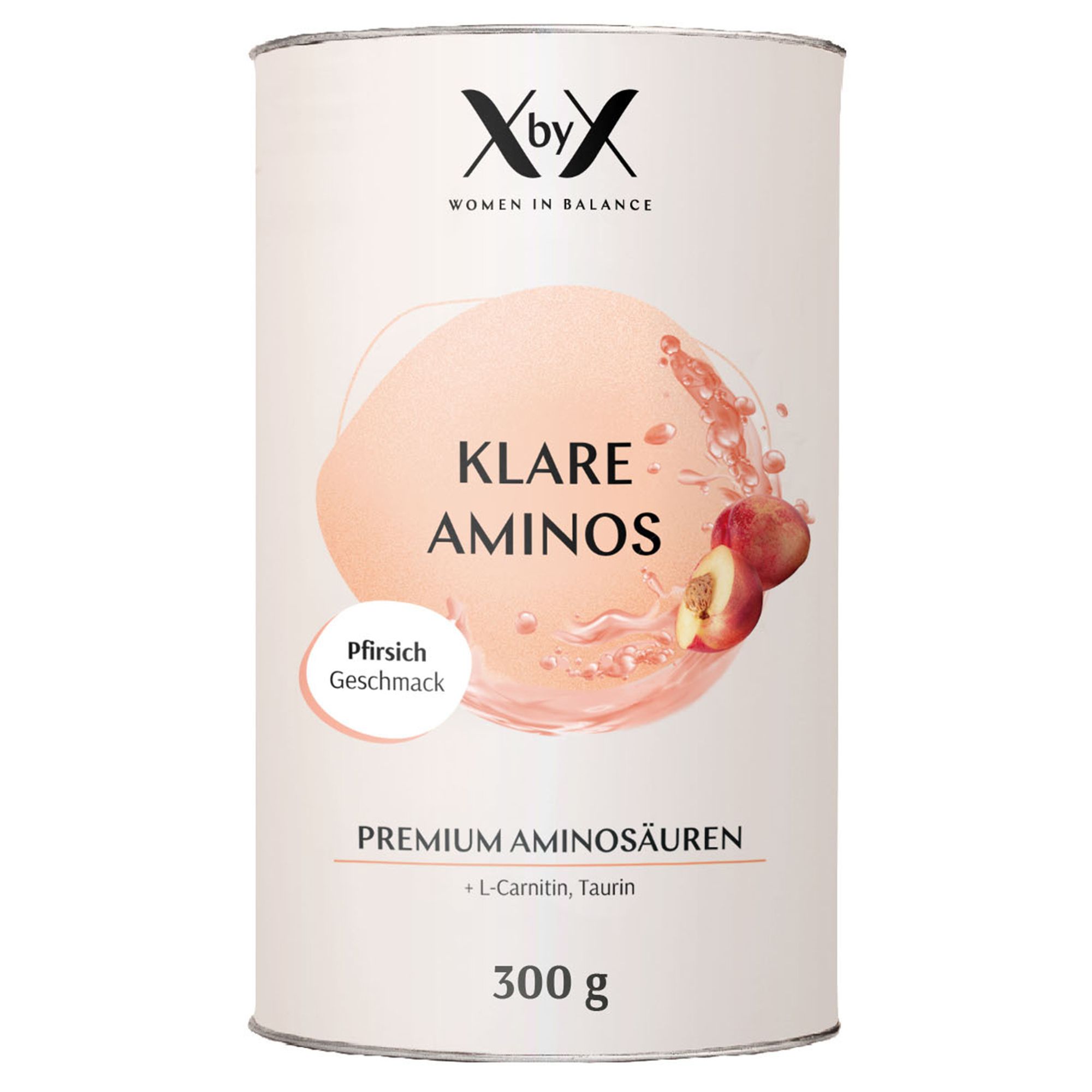 Dose mit "XbyX" und "Klare Aminos". Pfirsich-Geschmack. 300g. Premium Aminosäuren.