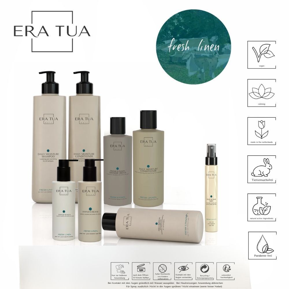 Verschiedene Era Tua Produkte. Flaschen, Spender, Sprays. Text: Era Tua, Fresh Linen. Logos: Vegan, beruhigend, tierversuchsfrei, etc.