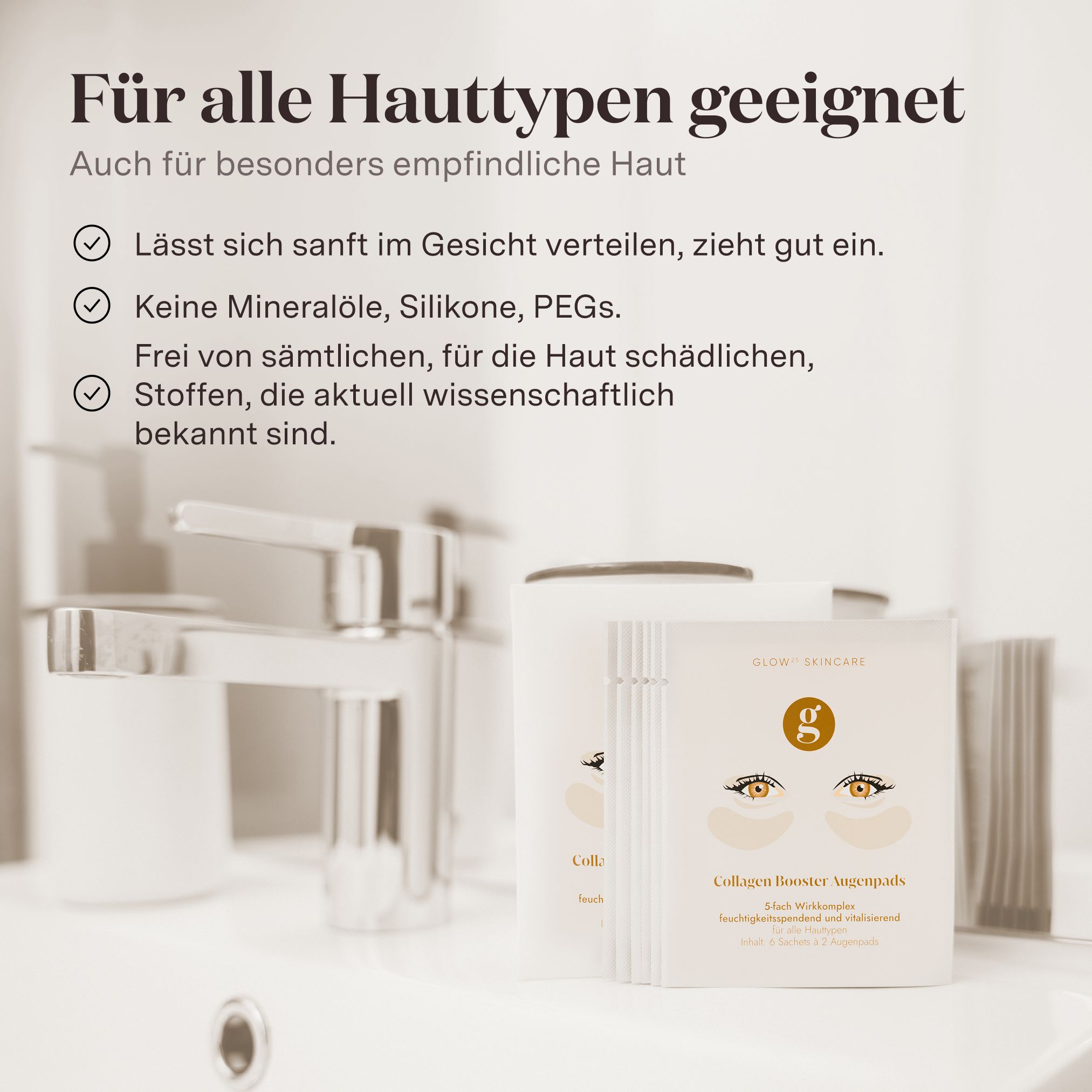 Verpackung mit Augenpads neben einem Waschbecken. Aufschrift: Glow Skincare, Collagen Booster Augenpads.