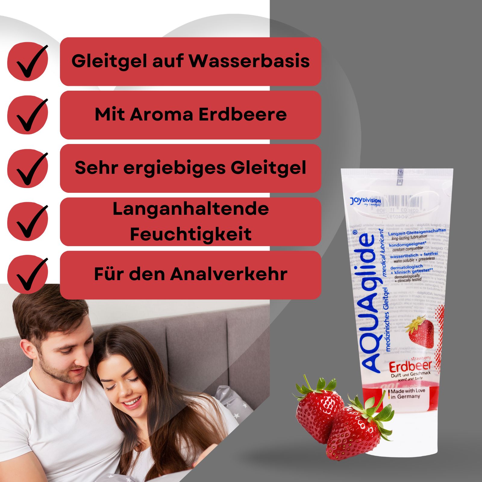 AQUAglide Gleitgel mit Erdbeergeschmack. Erdbeeren auf Holzuntergrund, Produkt daneben.