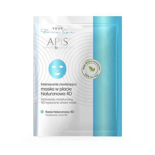 Feuchtigkeitsspendende Gesichtsmaske in Folienverpackung. Aufschrift: APIS, 4D Hyaluron. Mit grünem Siegel.