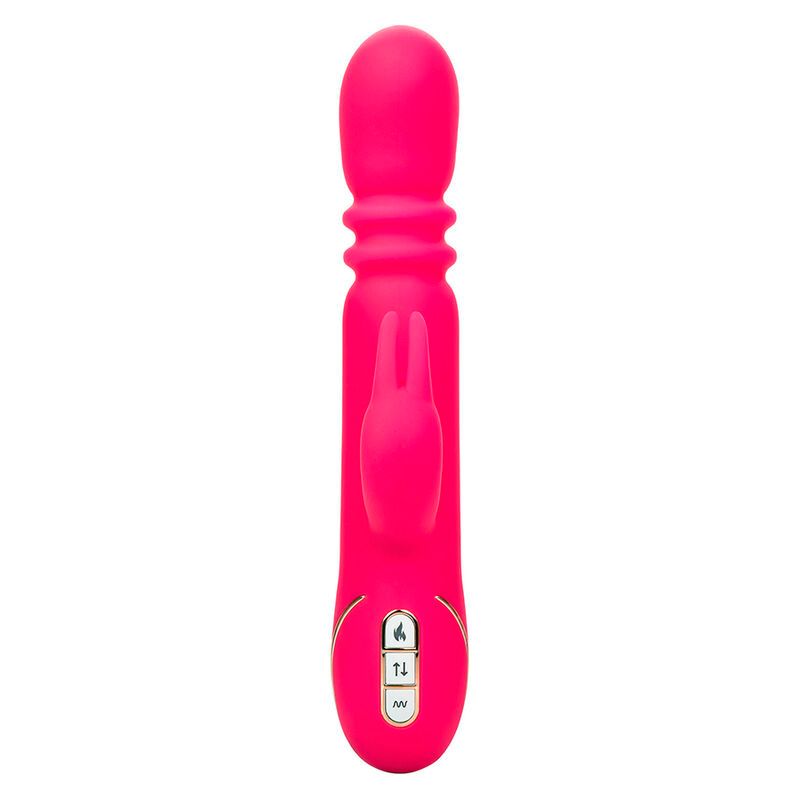 Pinkfarbener Vibrator mit Kaninchenohren. Goldfarbene Akzente und Bedienknöpfe. Vertikale Ausrichtung.